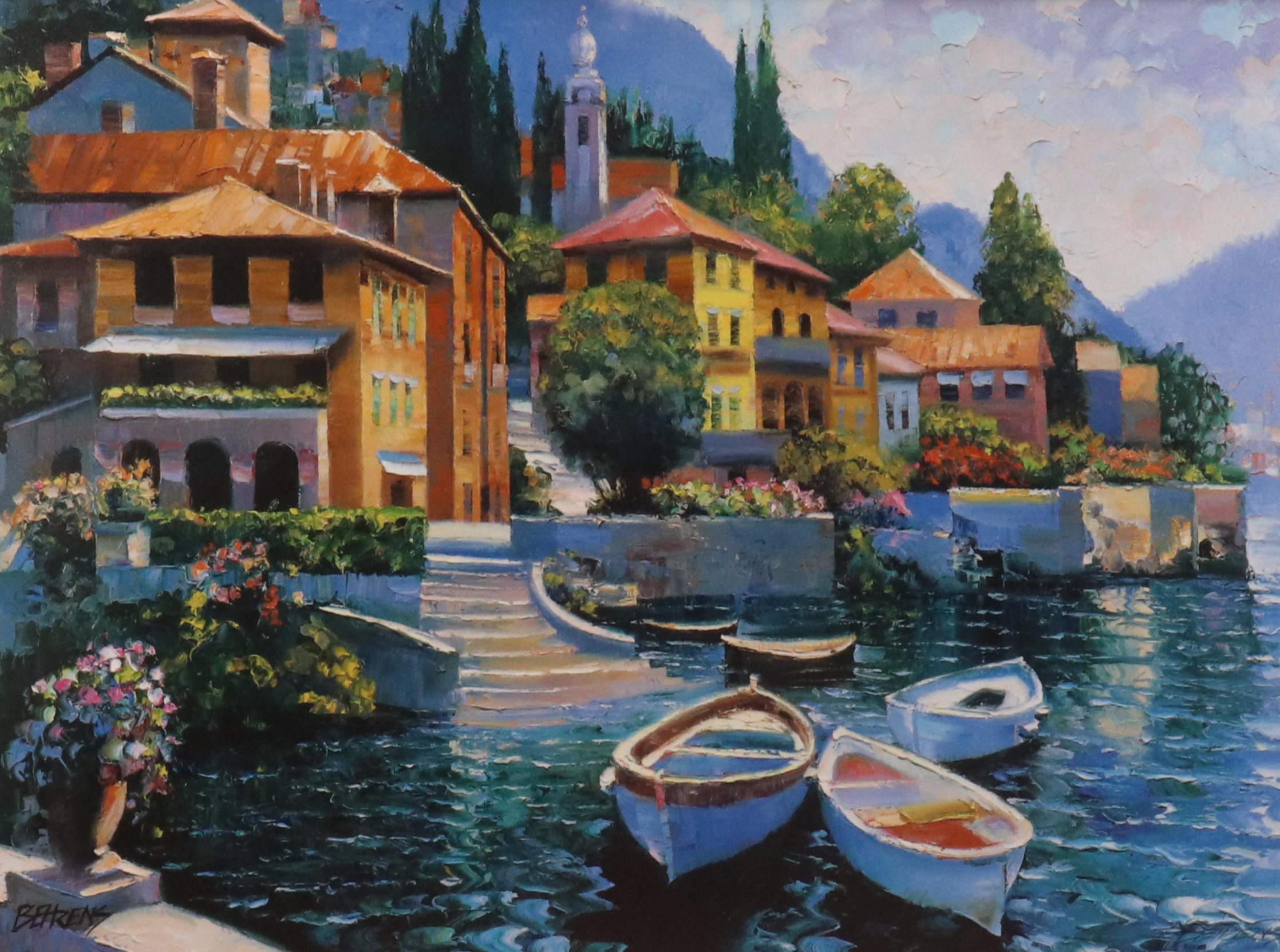 Howard Behrens Embellished Offset Lithograph "Lake Como Landing"