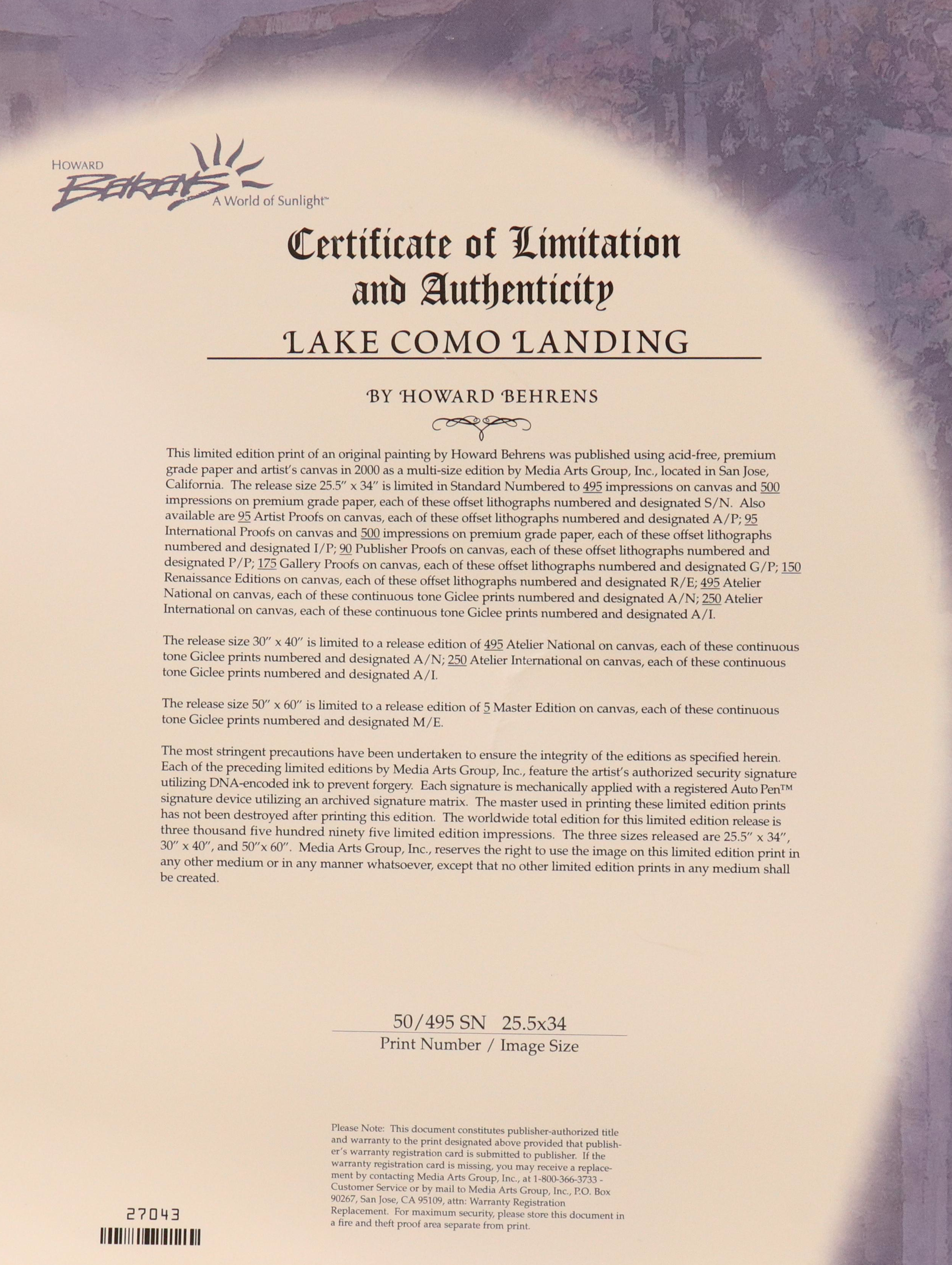 Howard Behrens Embellished Offset Lithograph "Lake Como Landing"