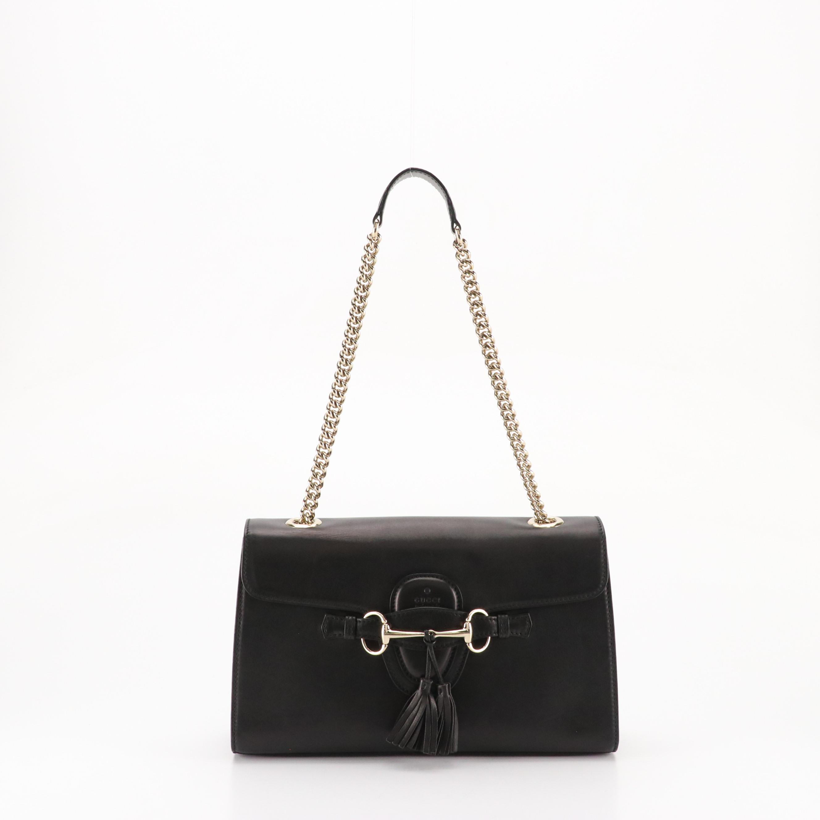 Gucci Black Leather Horsebit Flap Emily Chain Strap Shoulder Bag