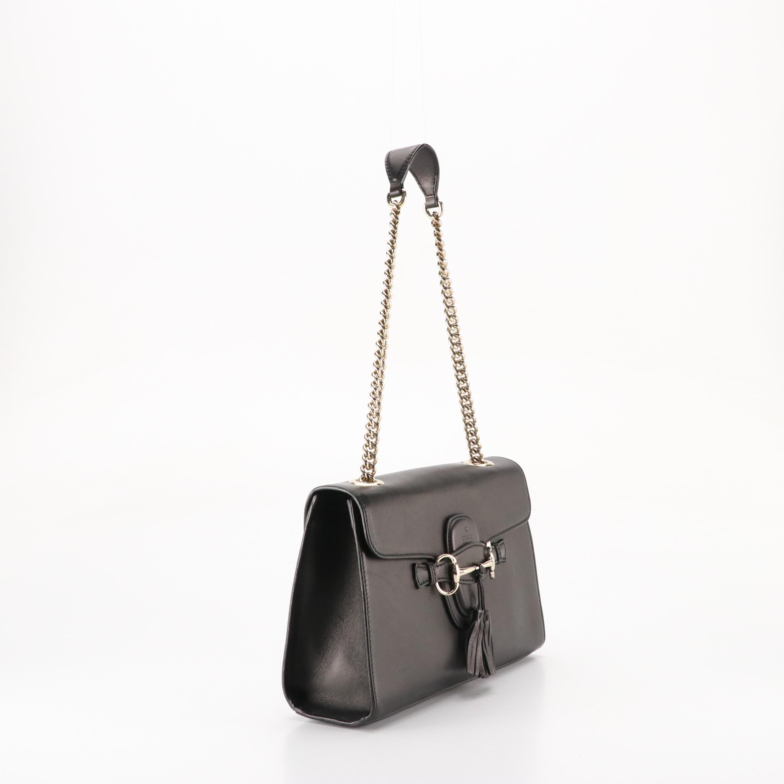 Gucci Black Leather Horsebit Flap Emily Chain Strap Shoulder Bag