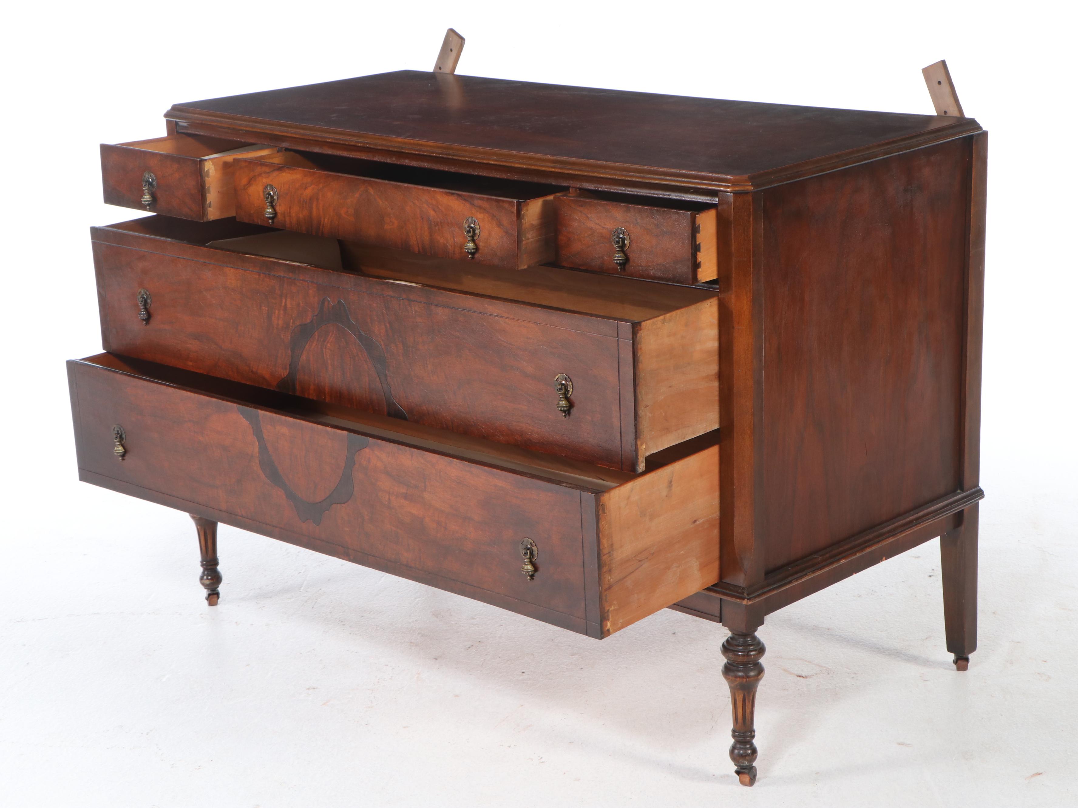 Edwardian Burl Wood and Walnut Dresser with Mirror, Early 20th Century