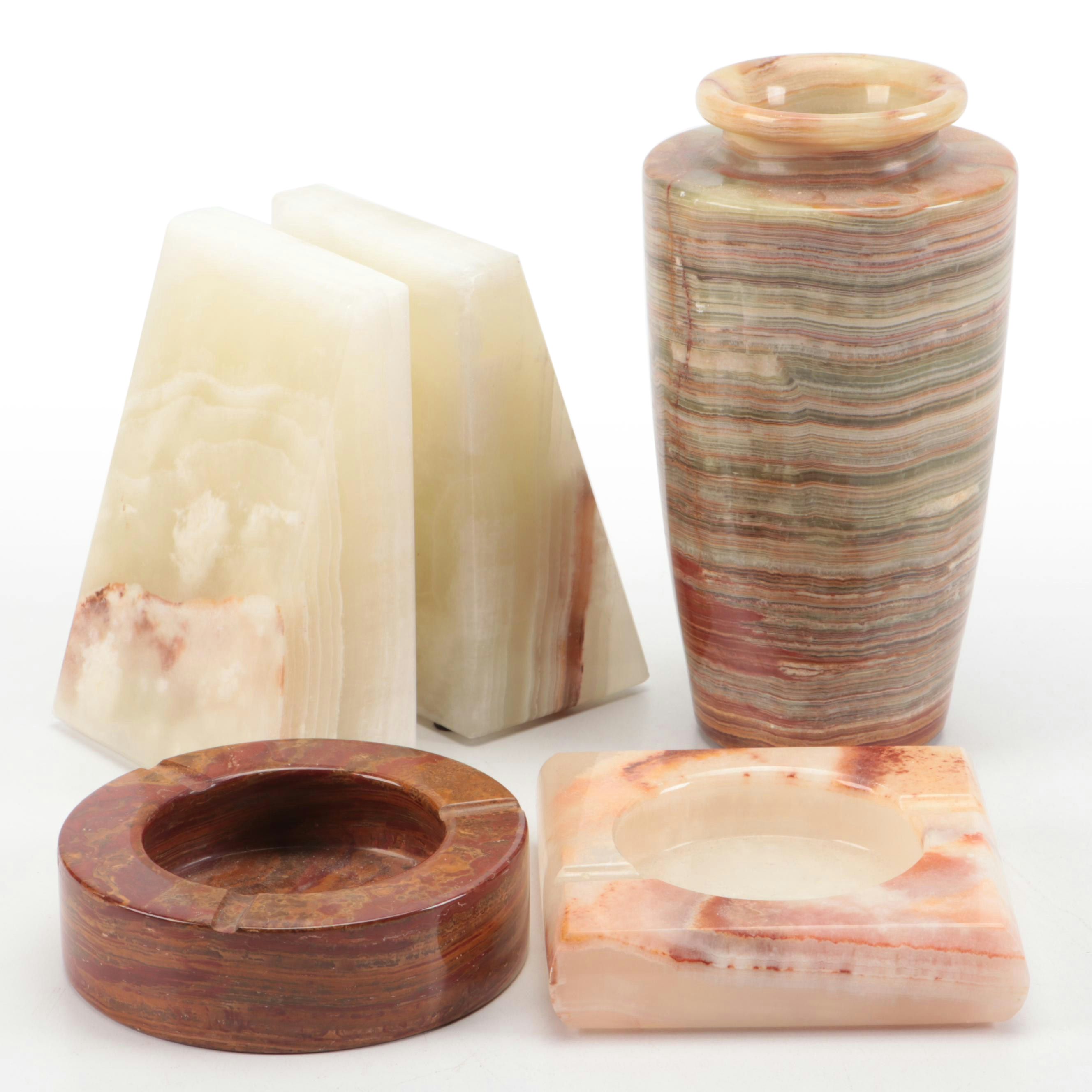 Banded Calcite Bookends and Ashtray with Calcite Marble Vase and Jasper Ashtray