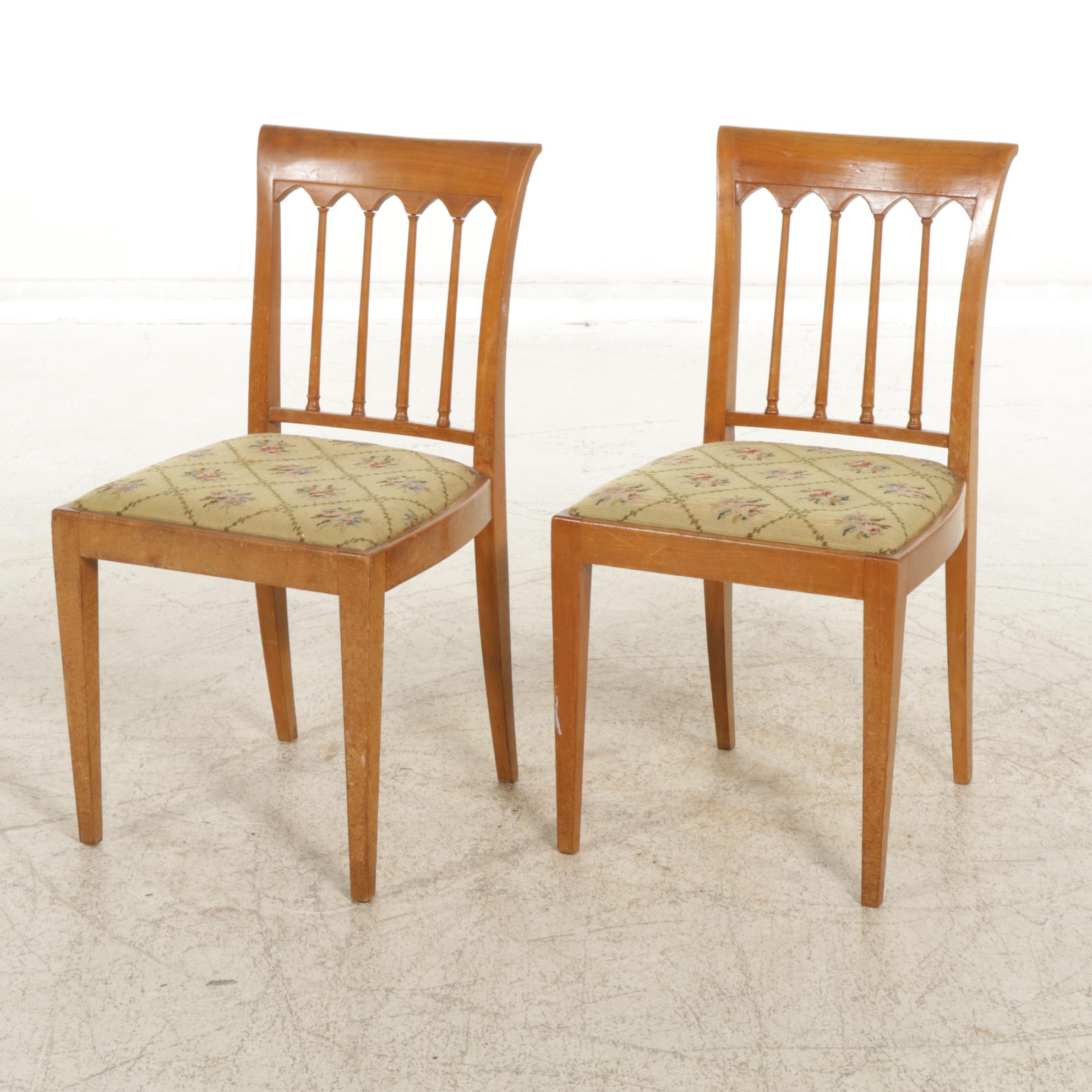 Pair of Spindle Back Side Chairs with Needlepoint Upholstery