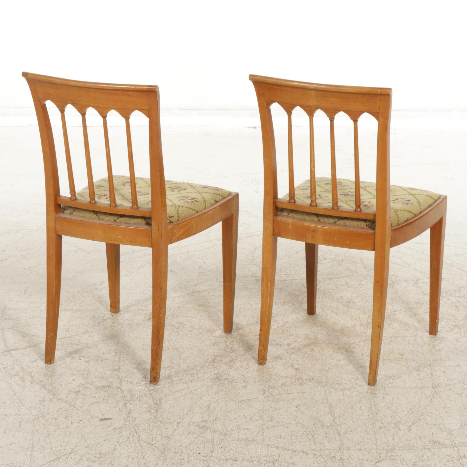 Pair of Spindle Back Side Chairs with Needlepoint Upholstery