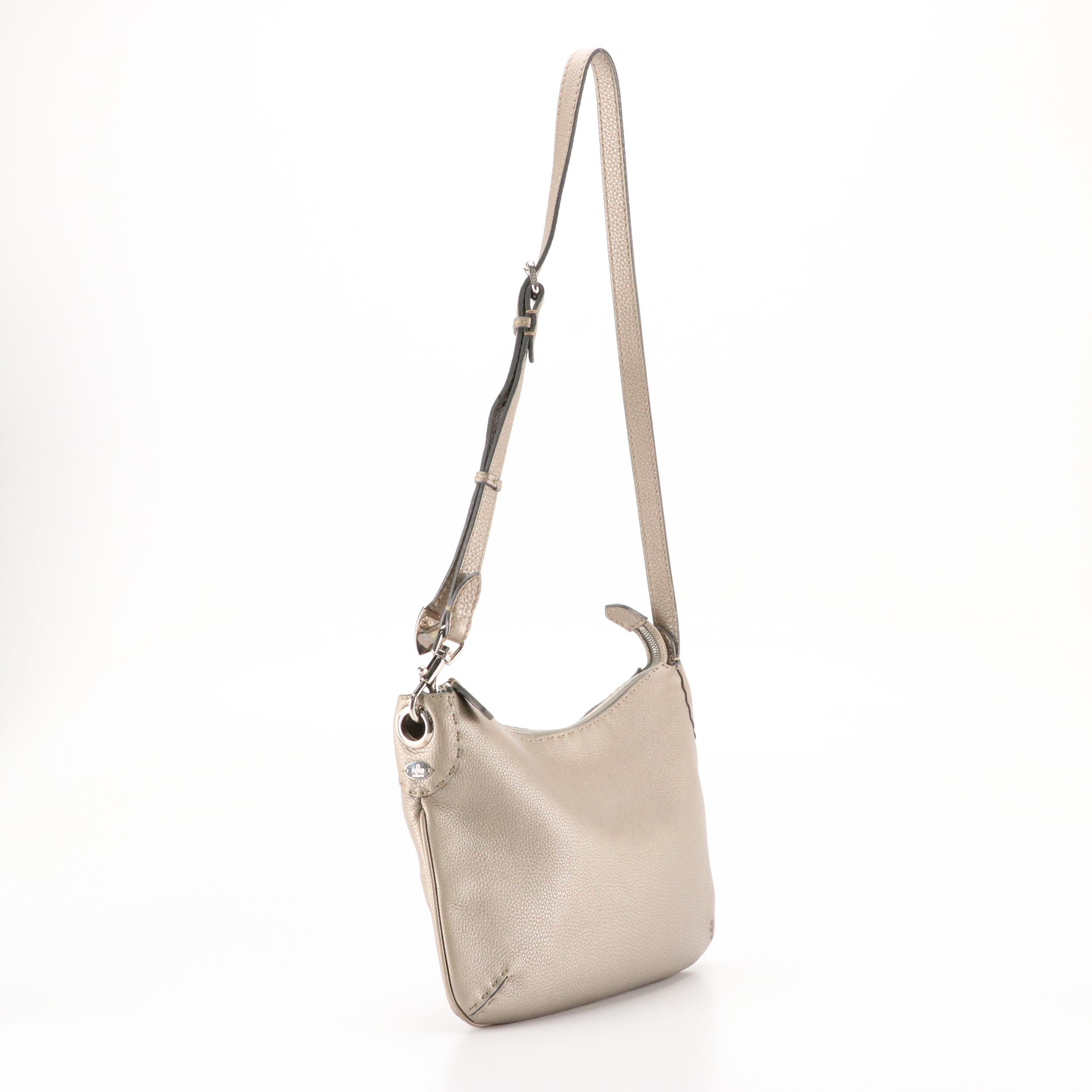 Fendi Selleria Stitched Crossbody Bag in Silver Metallic Grained Leather