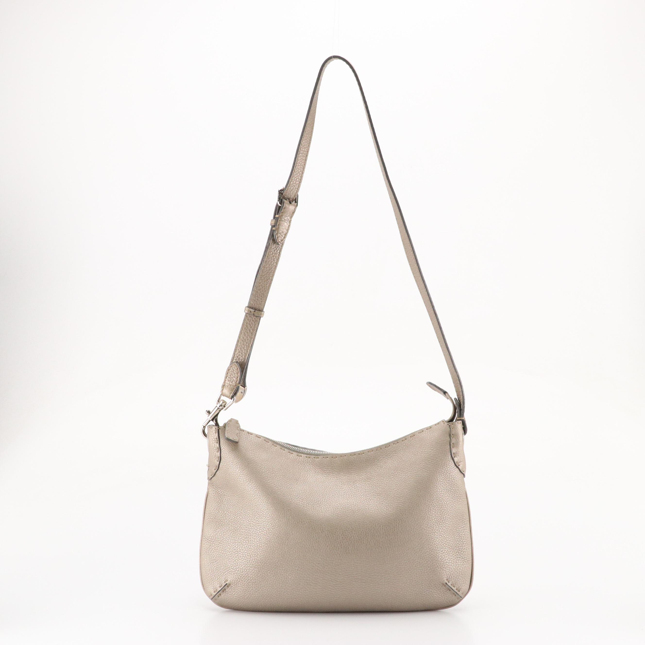 Fendi Selleria Stitched Crossbody Bag in Silver Metallic Grained Leather