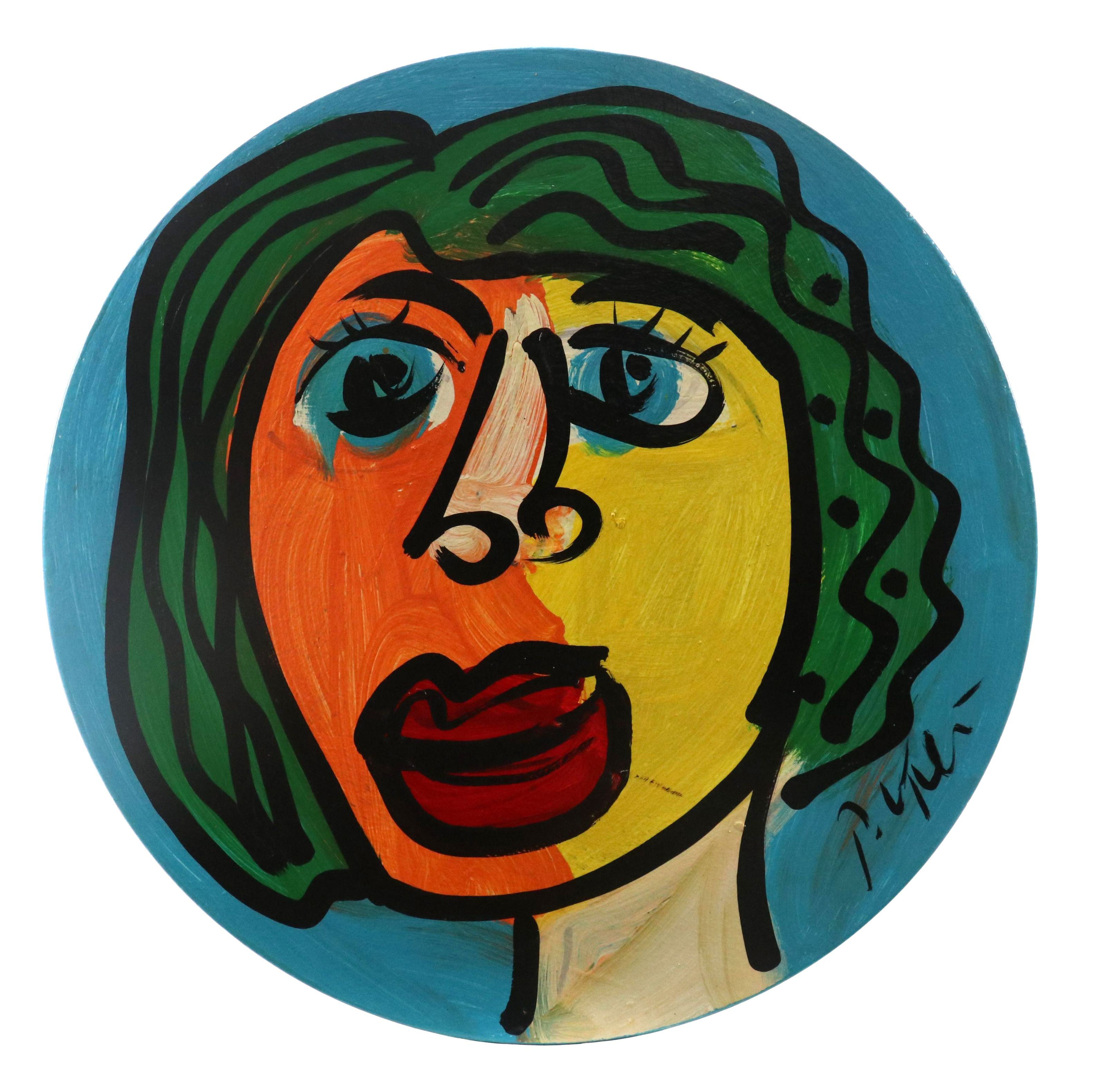 Peter Keil Abstract Portrait Acrylic Painted End Table, 21st Century