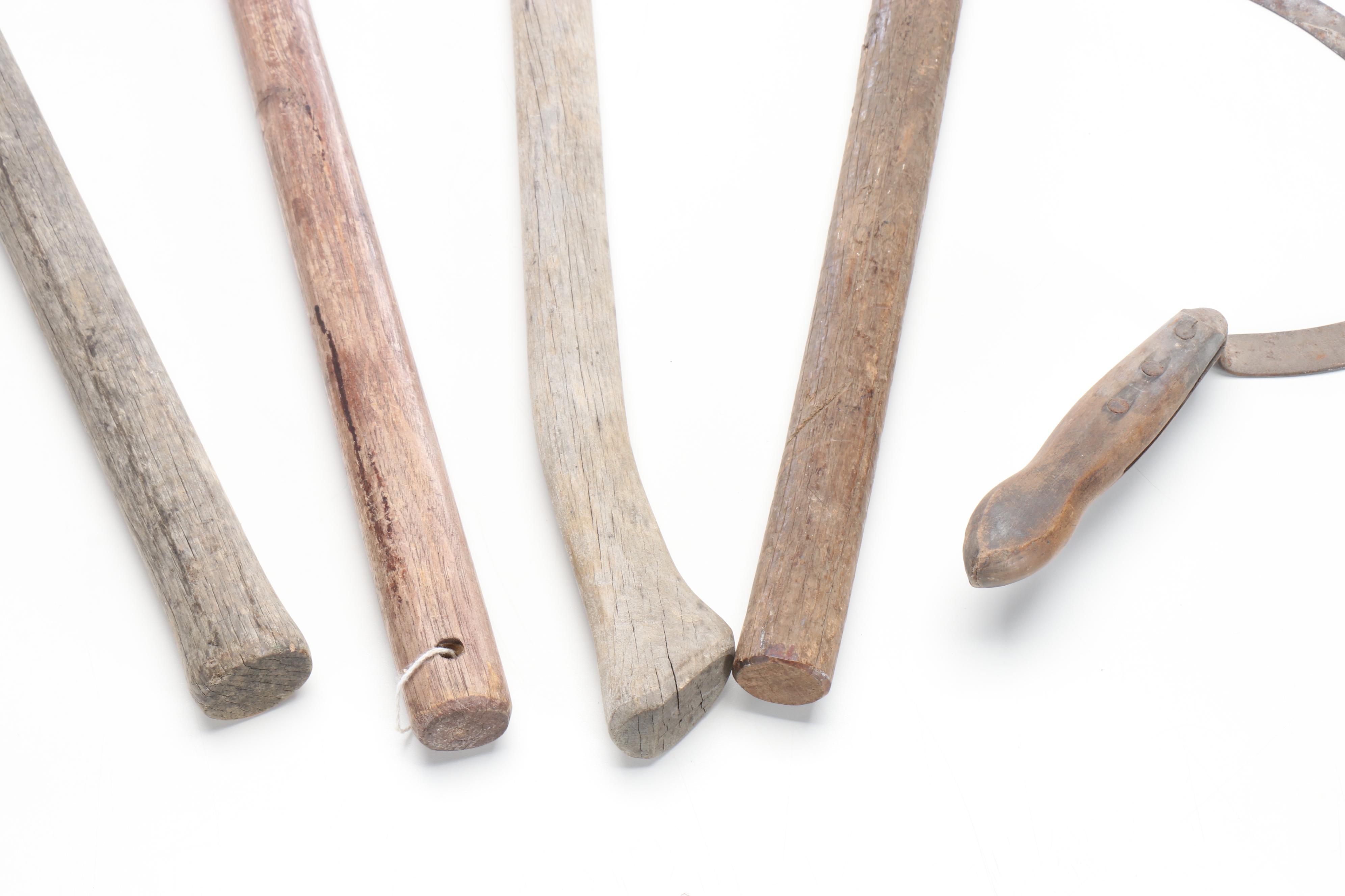 Vintage Scythe, Railroad Spike Driver, Axe, and Other Hand Tools