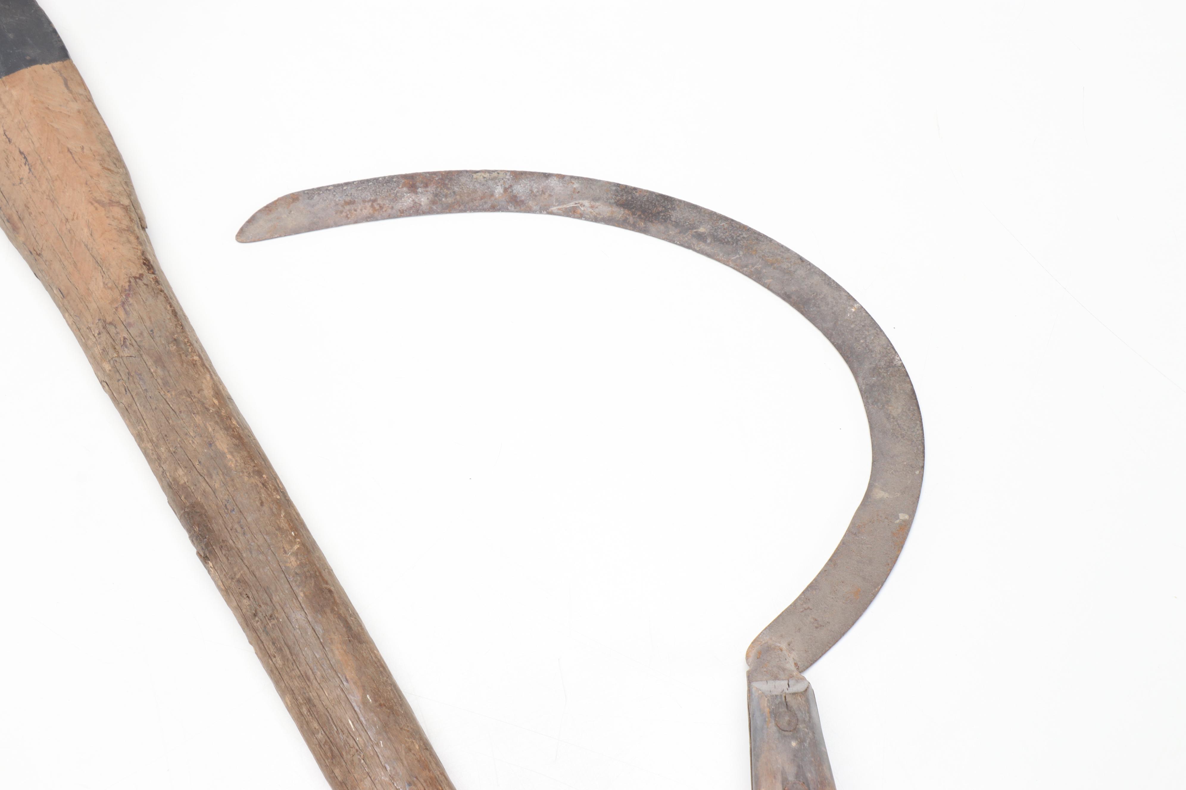 Vintage Scythe, Railroad Spike Driver, Axe, and Other Hand Tools