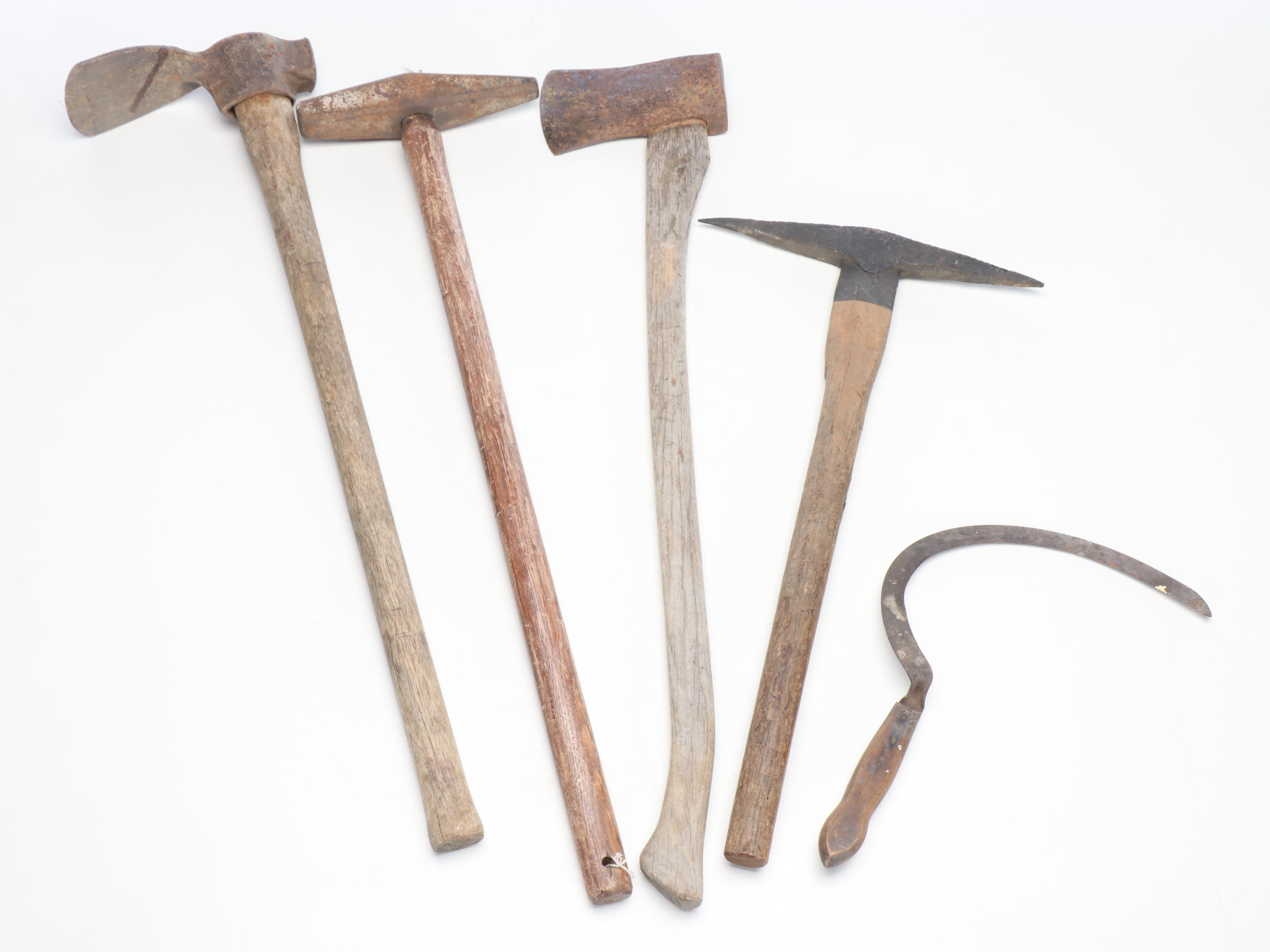 Vintage Scythe, Railroad Spike Driver, Axe, and Other Hand Tools