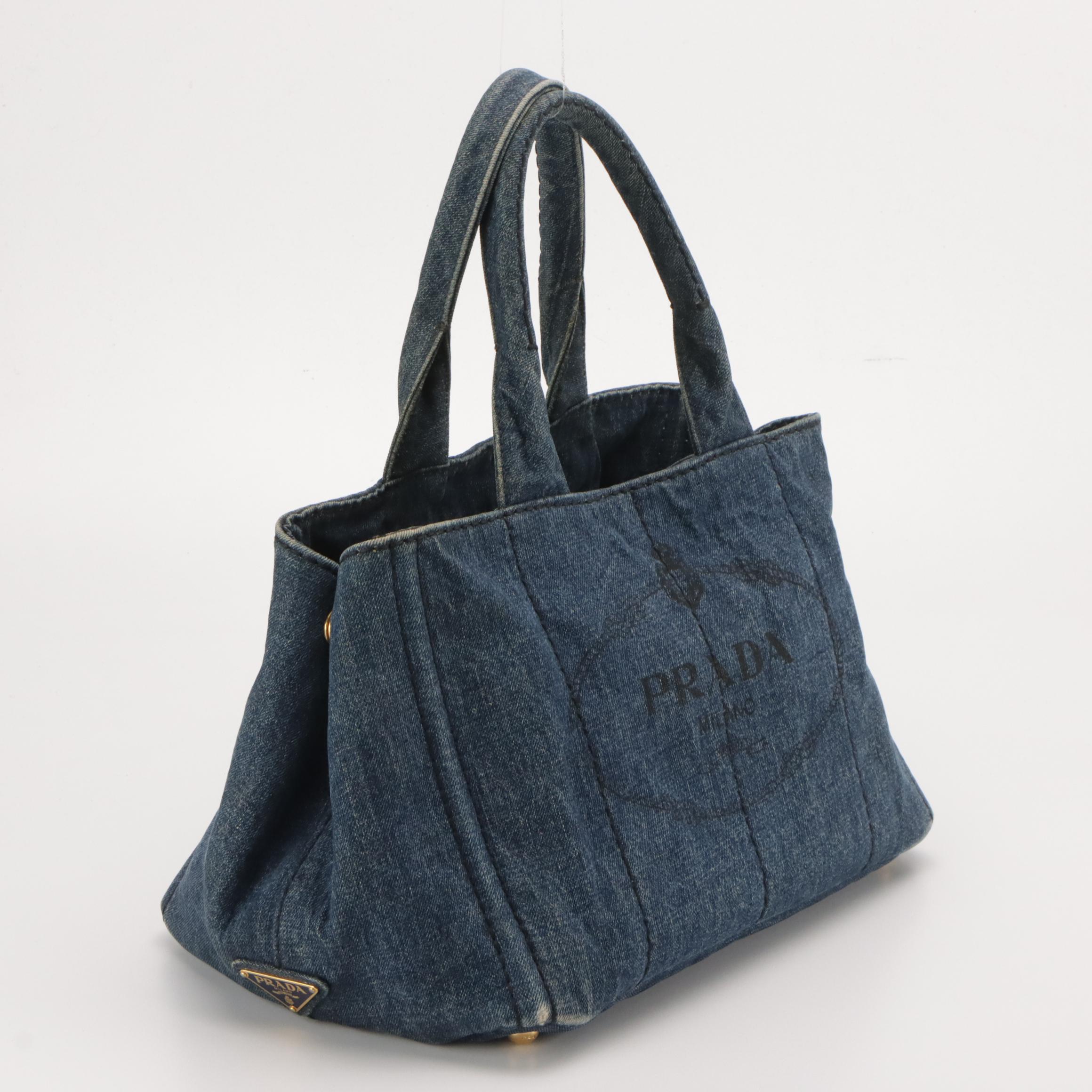 Prada Large Canapa Logo Tote in Blue Cotton Denim