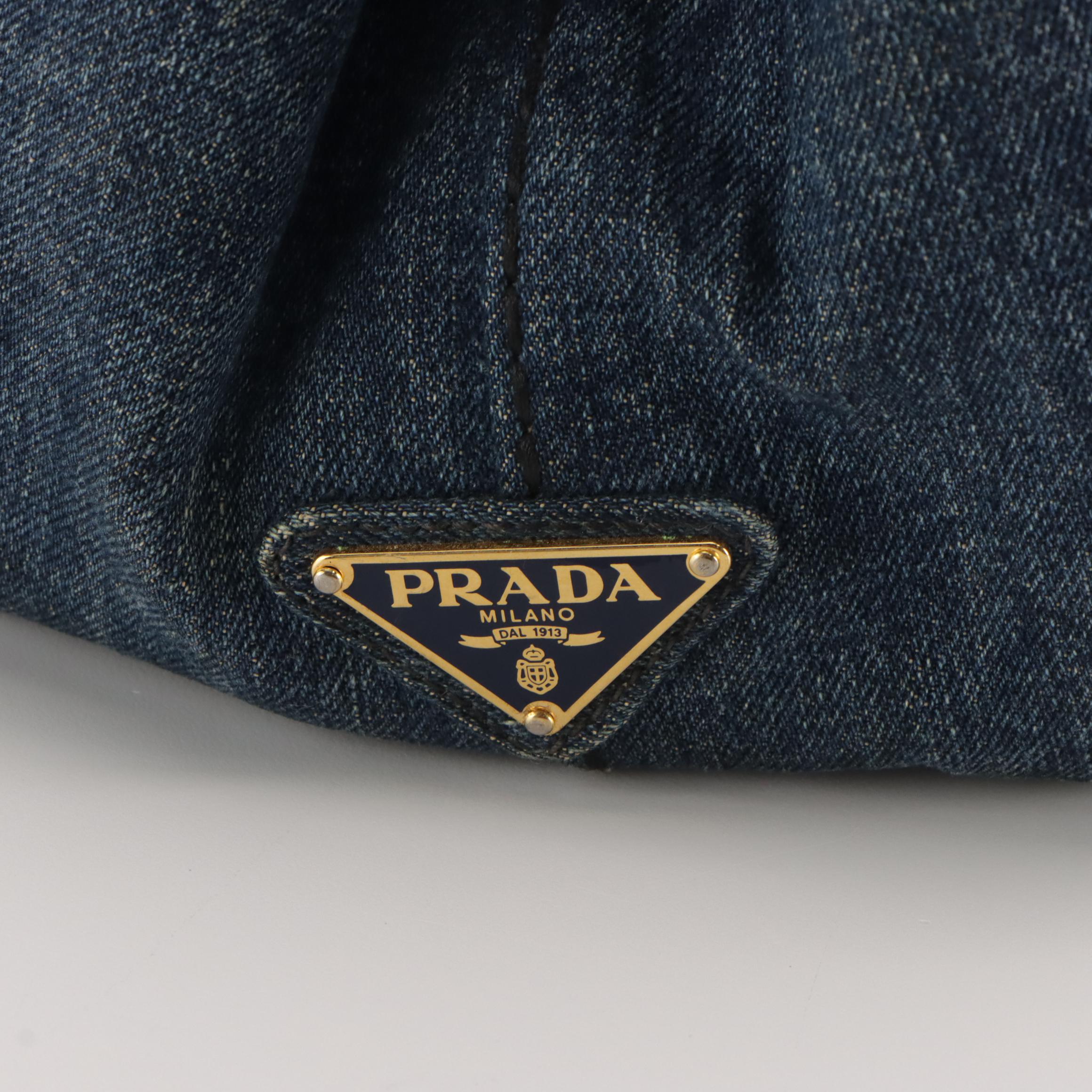 Prada Large Canapa Logo Tote in Blue Cotton Denim