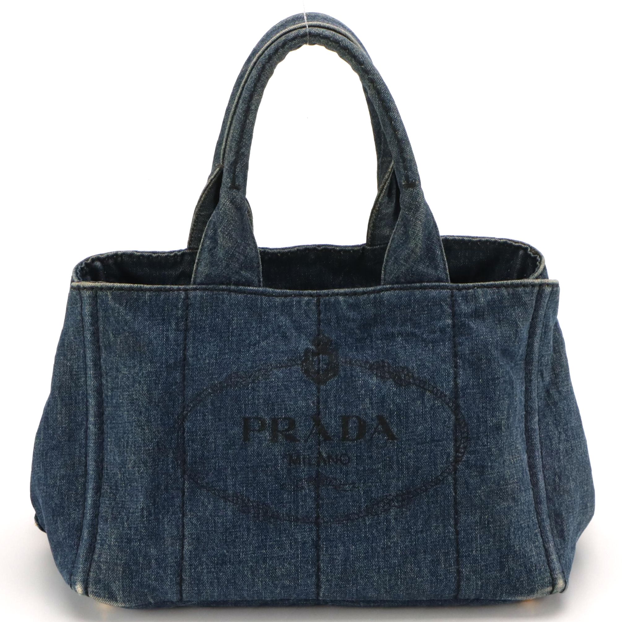 Prada Large Canapa Logo Tote in Blue Cotton Denim