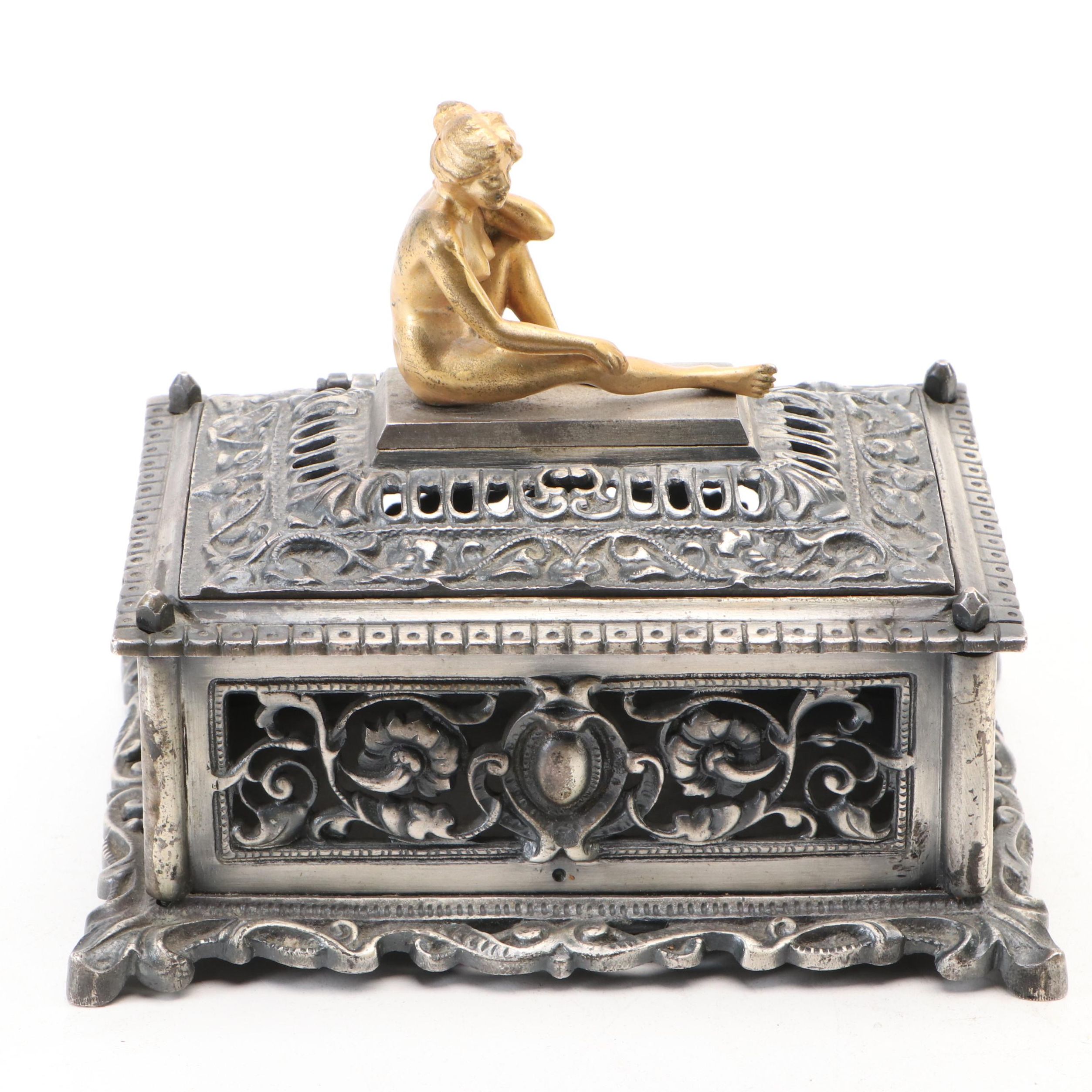 Continental Style Metal Lidded Box with Nude Figure
