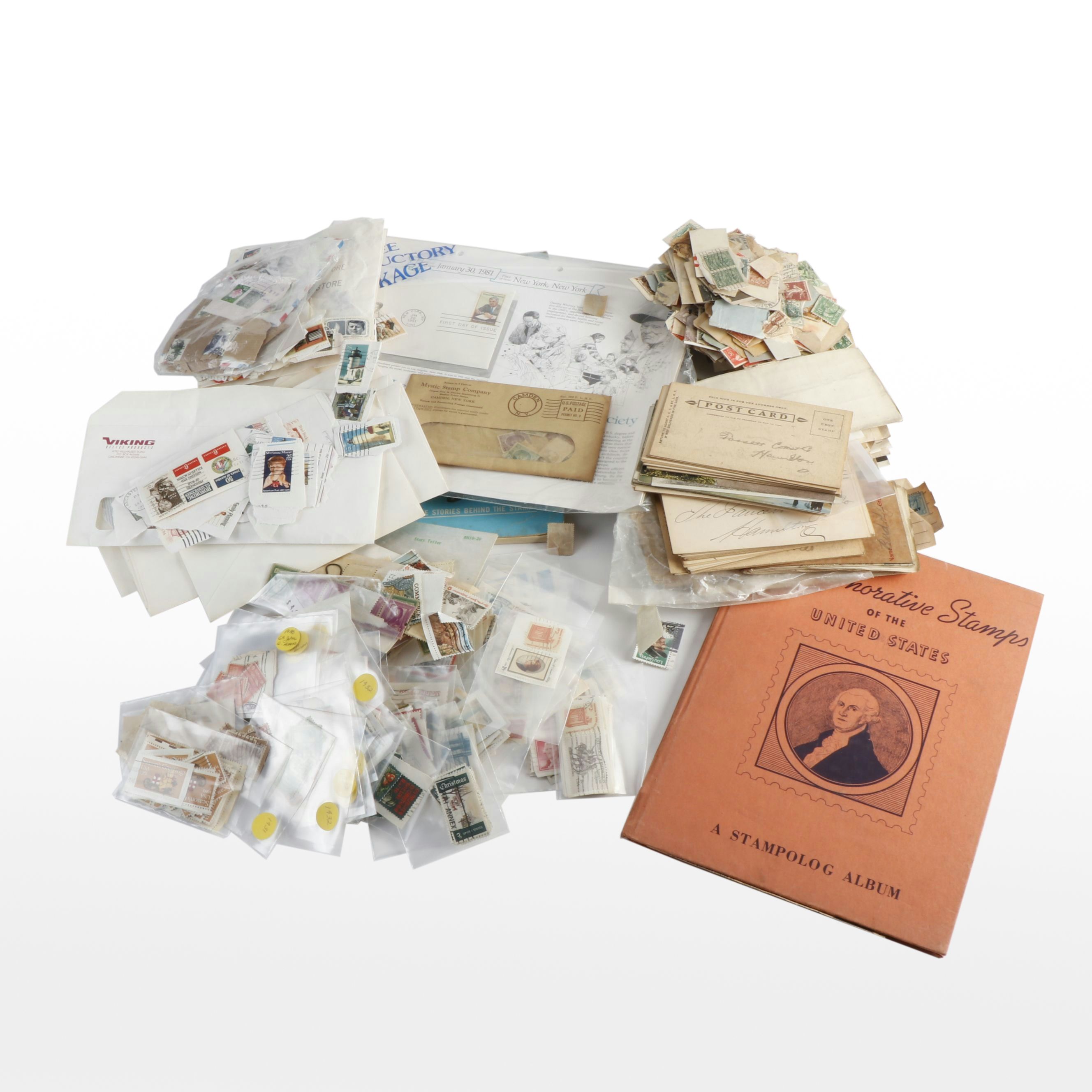 Two Boxes of Used Stamps, Post Cards, Albums and Loose Stamps