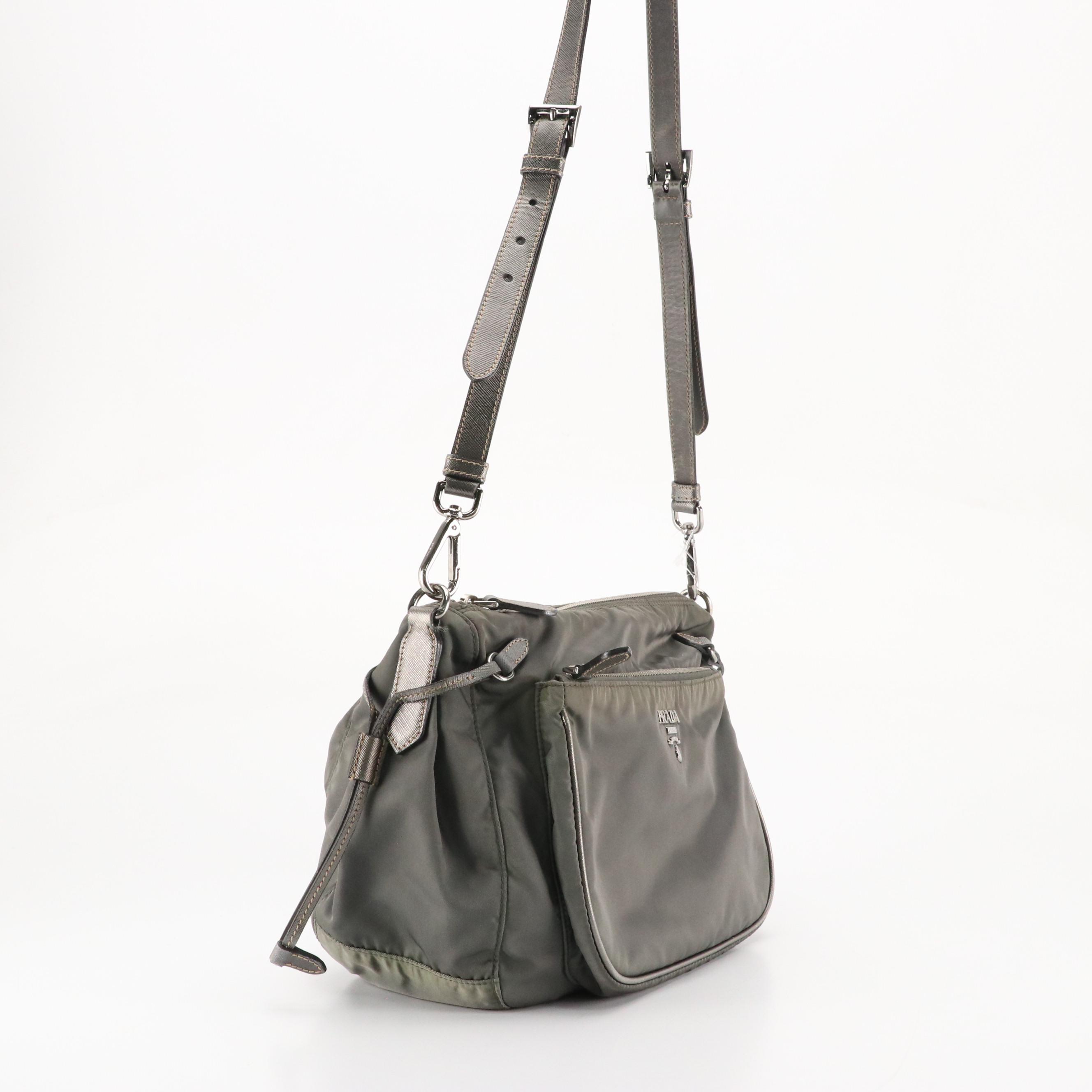 Prada Grey Tessuto Nylon and Metallic Saffiano Leather Crossbody Bag