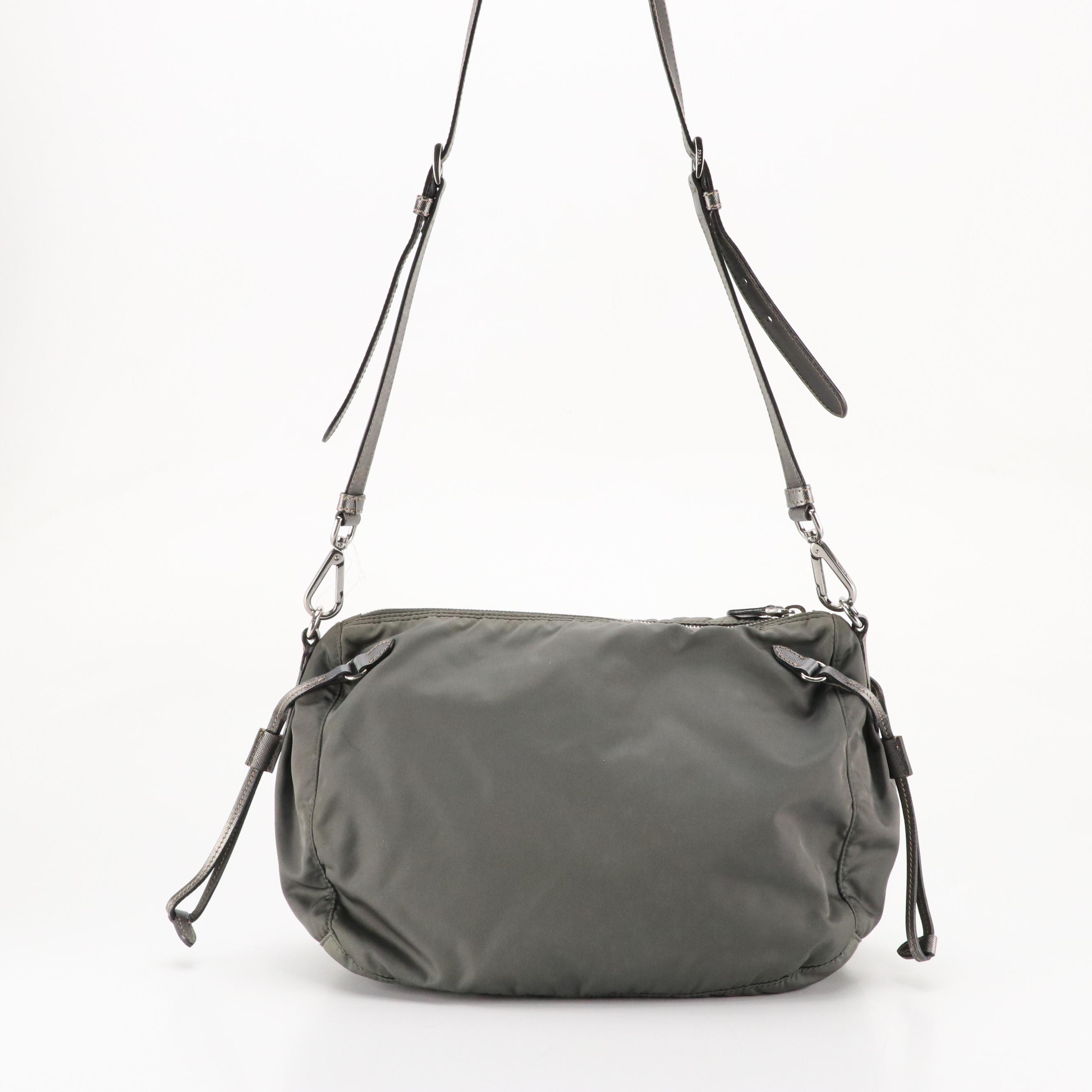 Prada Grey Tessuto Nylon and Metallic Saffiano Leather Crossbody Bag