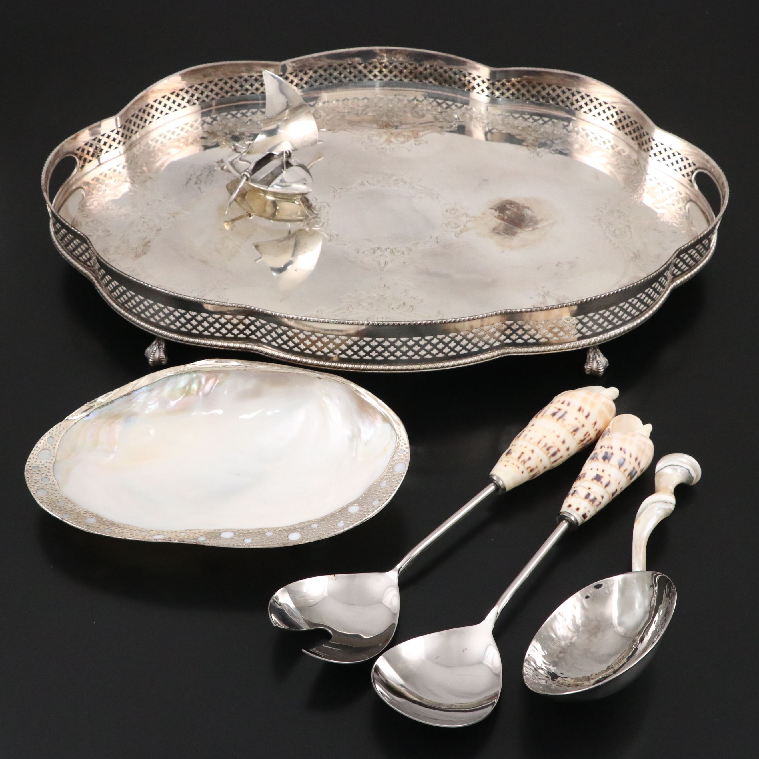 Reed & Barton Silver Plate Gallery Tray with Other Tableware and Sterling Boat