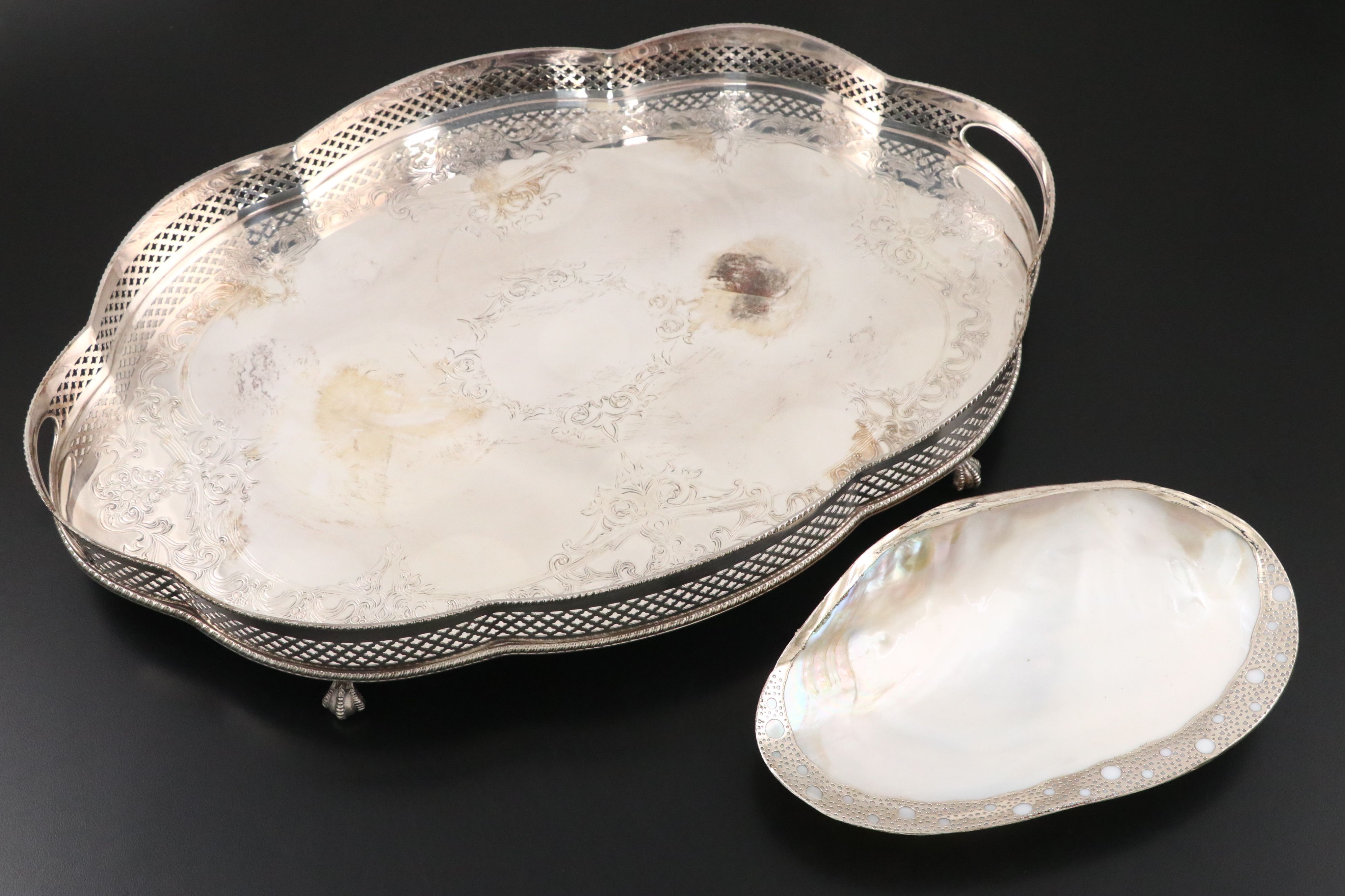 Reed & Barton Silver Plate Gallery Tray with Other Tableware and Sterling Boat