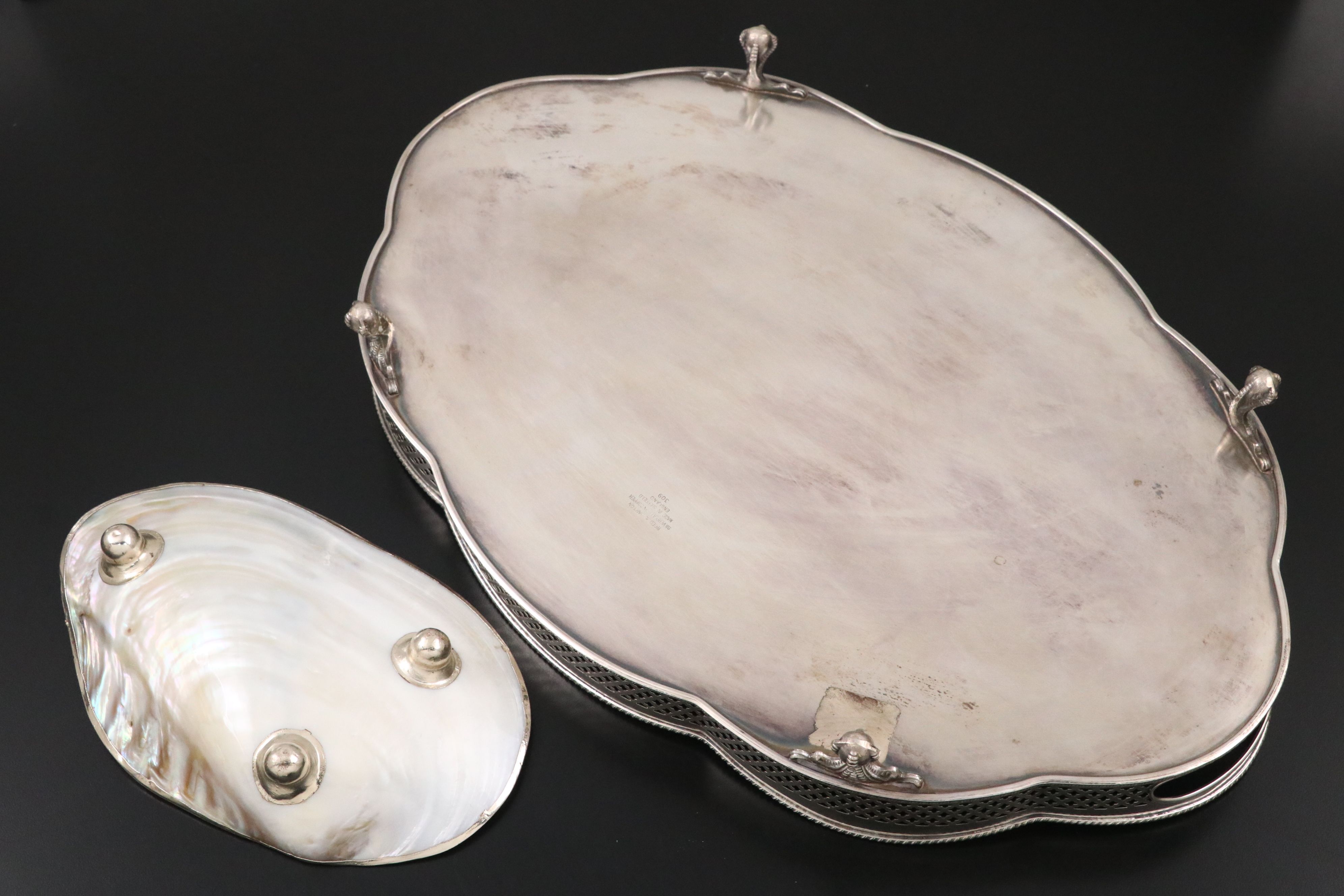 Reed & Barton Silver Plate Gallery Tray with Other Tableware and Sterling Boat