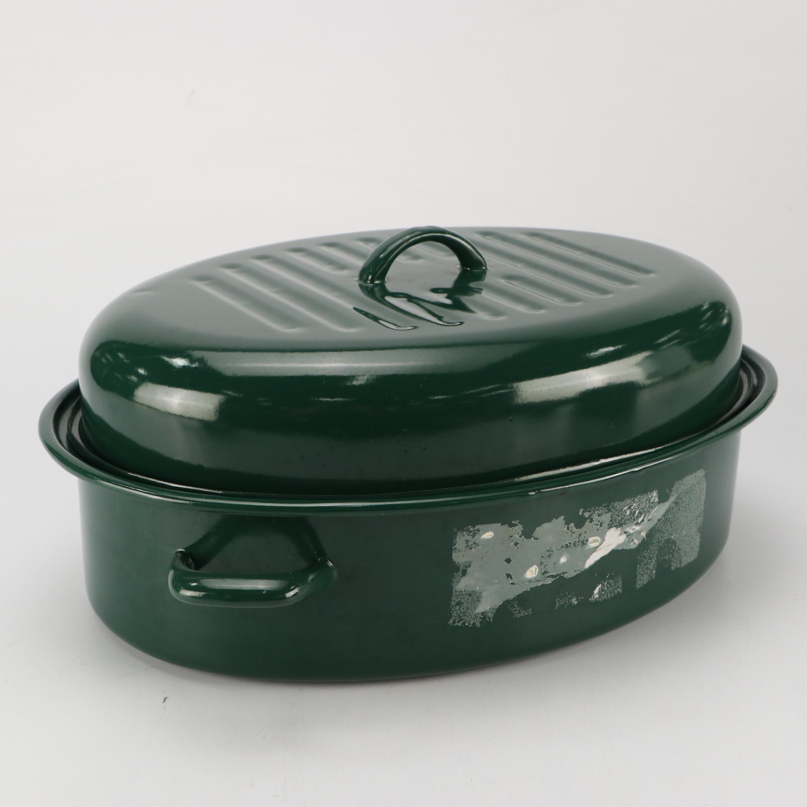 Graniteware and Other Enameled Roasting Pans with Bakeware and Container