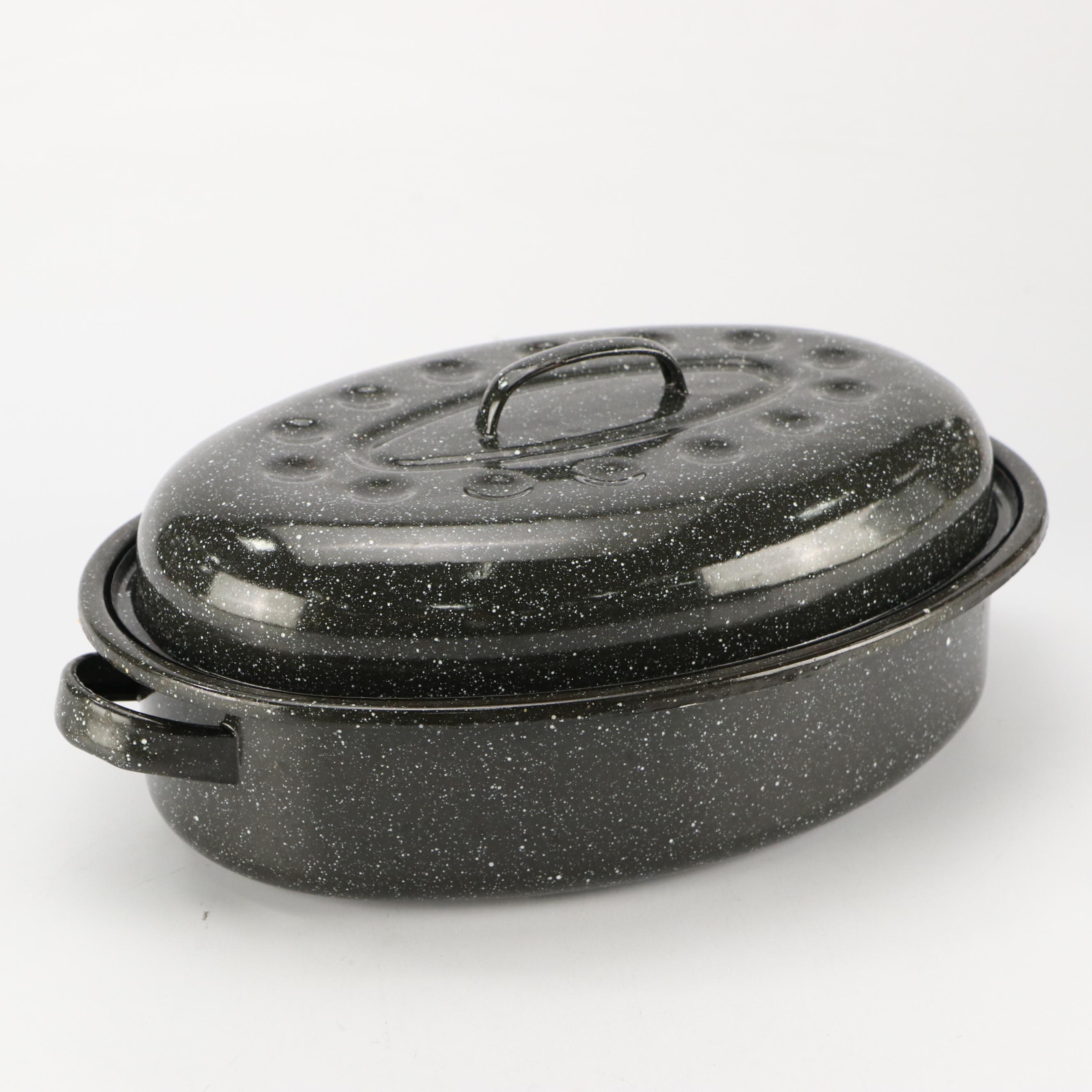 Graniteware and Other Enameled Roasting Pans with Bakeware and Container