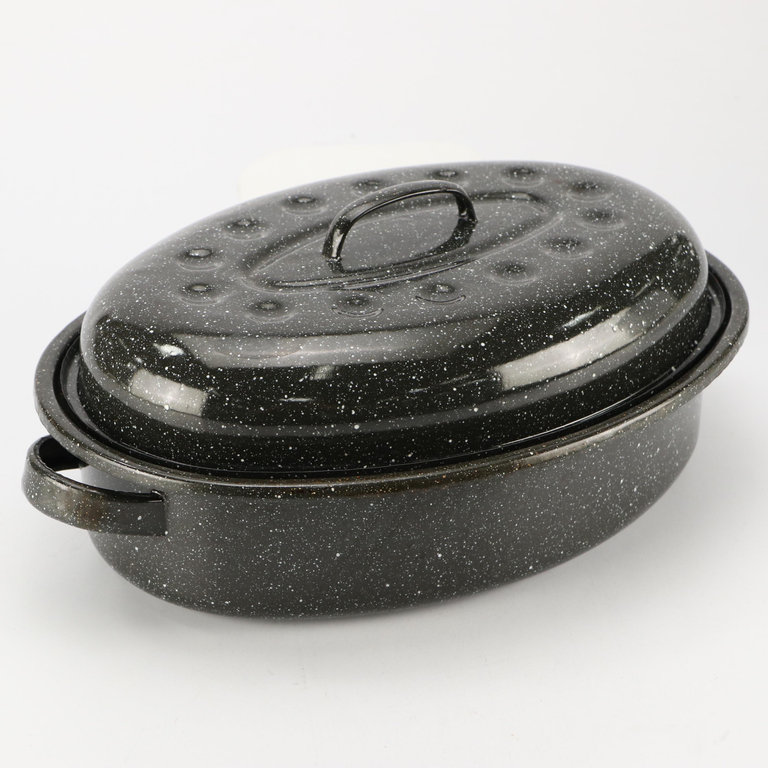 Graniteware and Other Enameled Roasting Pans with Bakeware and Container