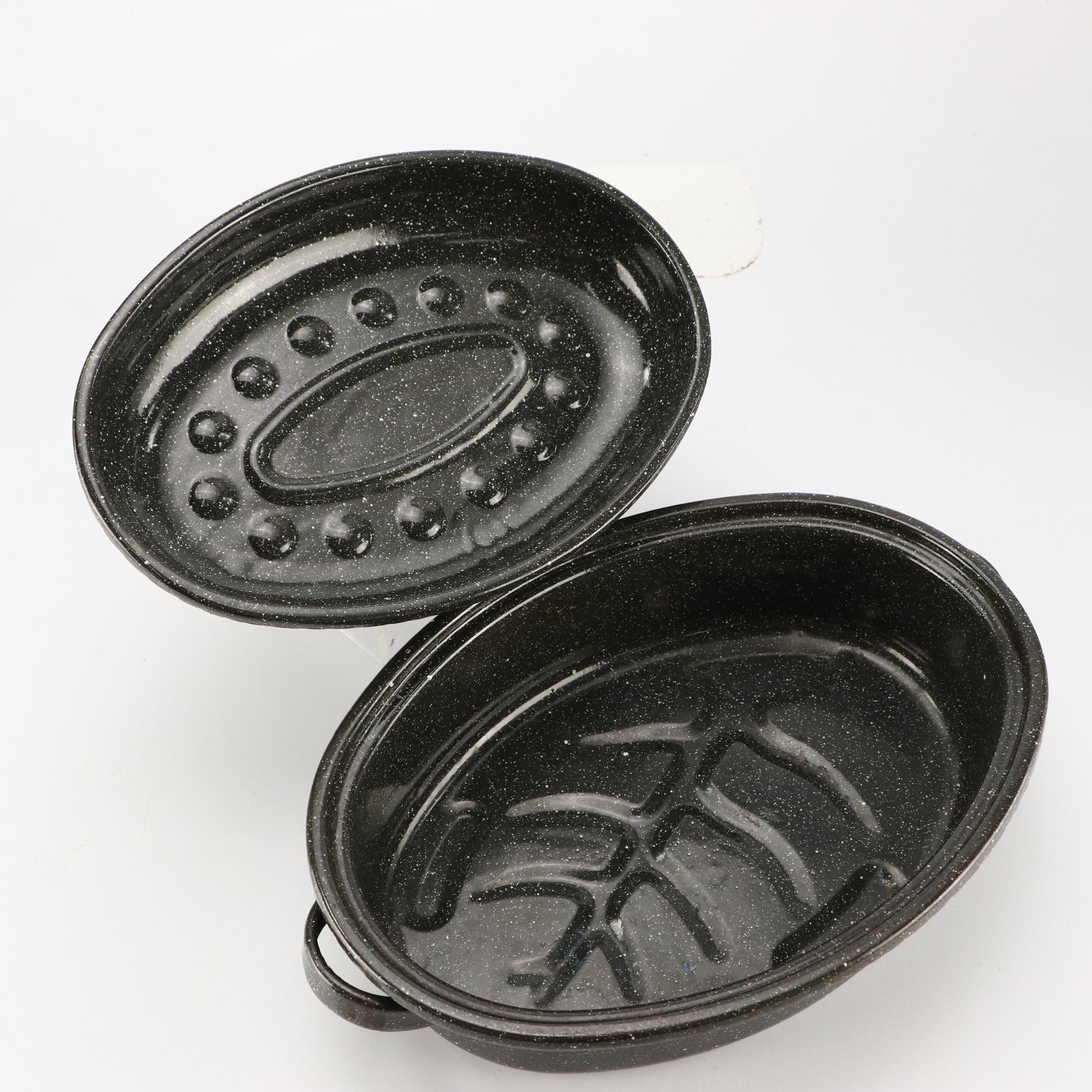 Graniteware and Other Enameled Roasting Pans with Bakeware and Container