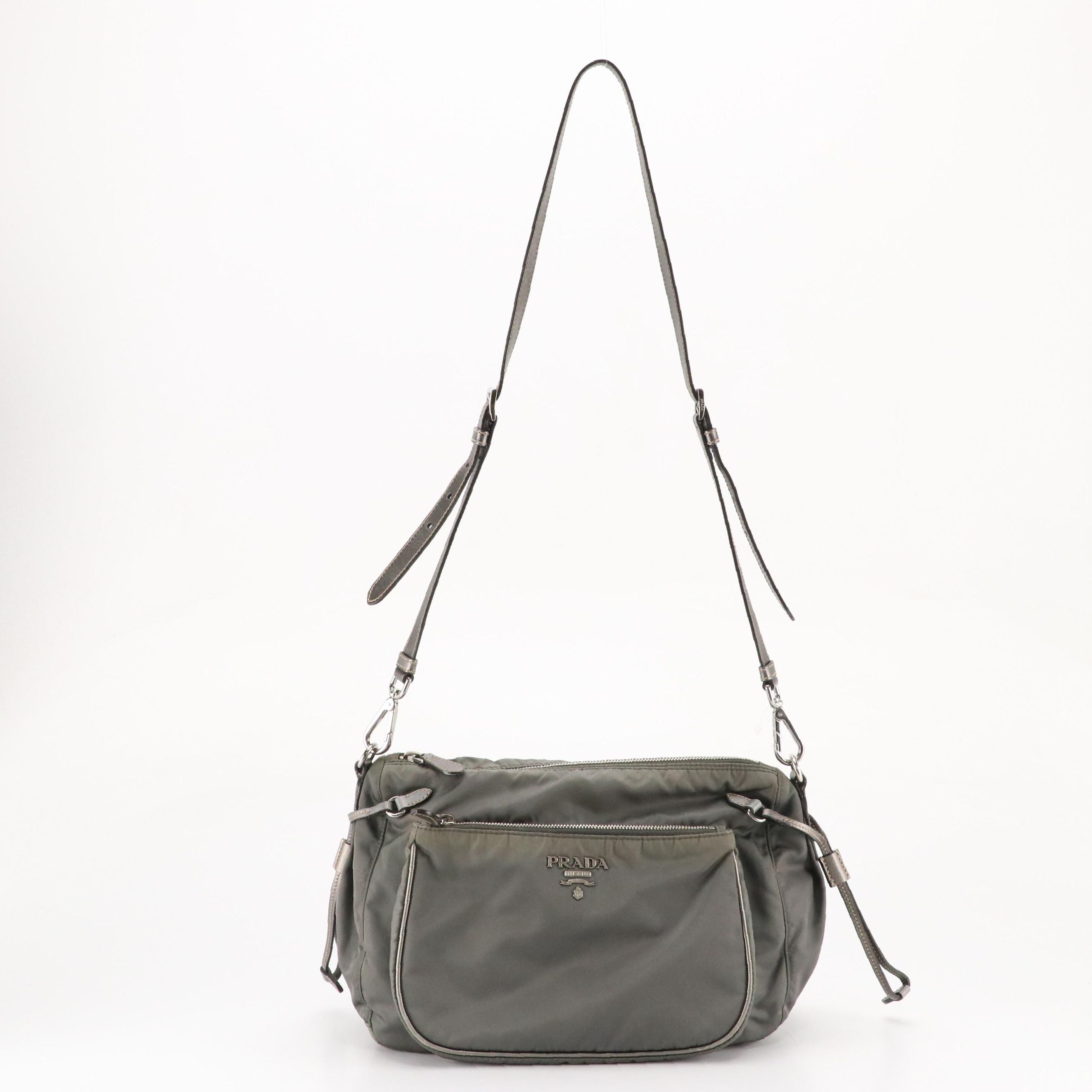 Prada Grey Tessuto Nylon and Metallic Saffiano Leather Crossbody Bag