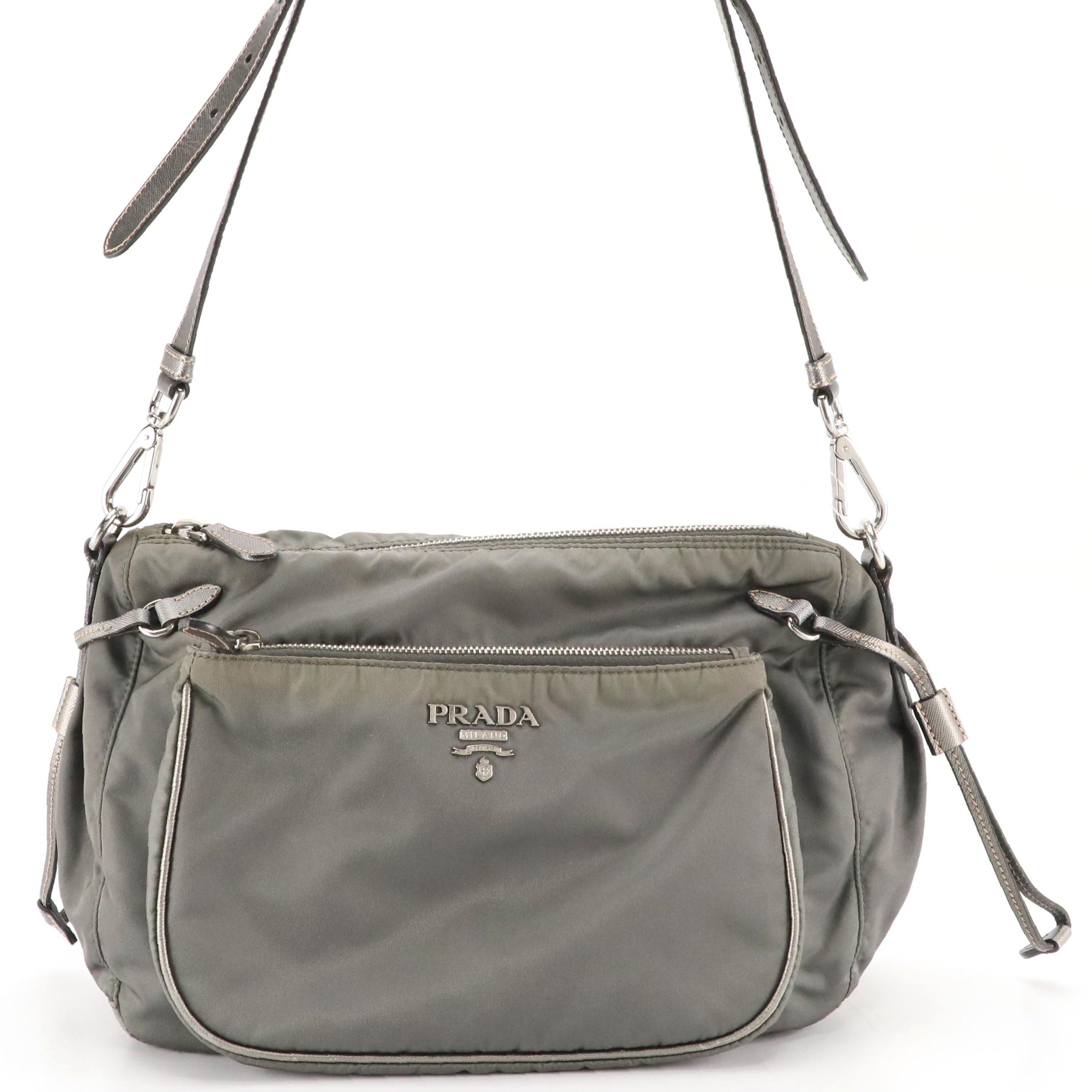 Prada Grey Tessuto Nylon and Metallic Saffiano Leather Crossbody Bag