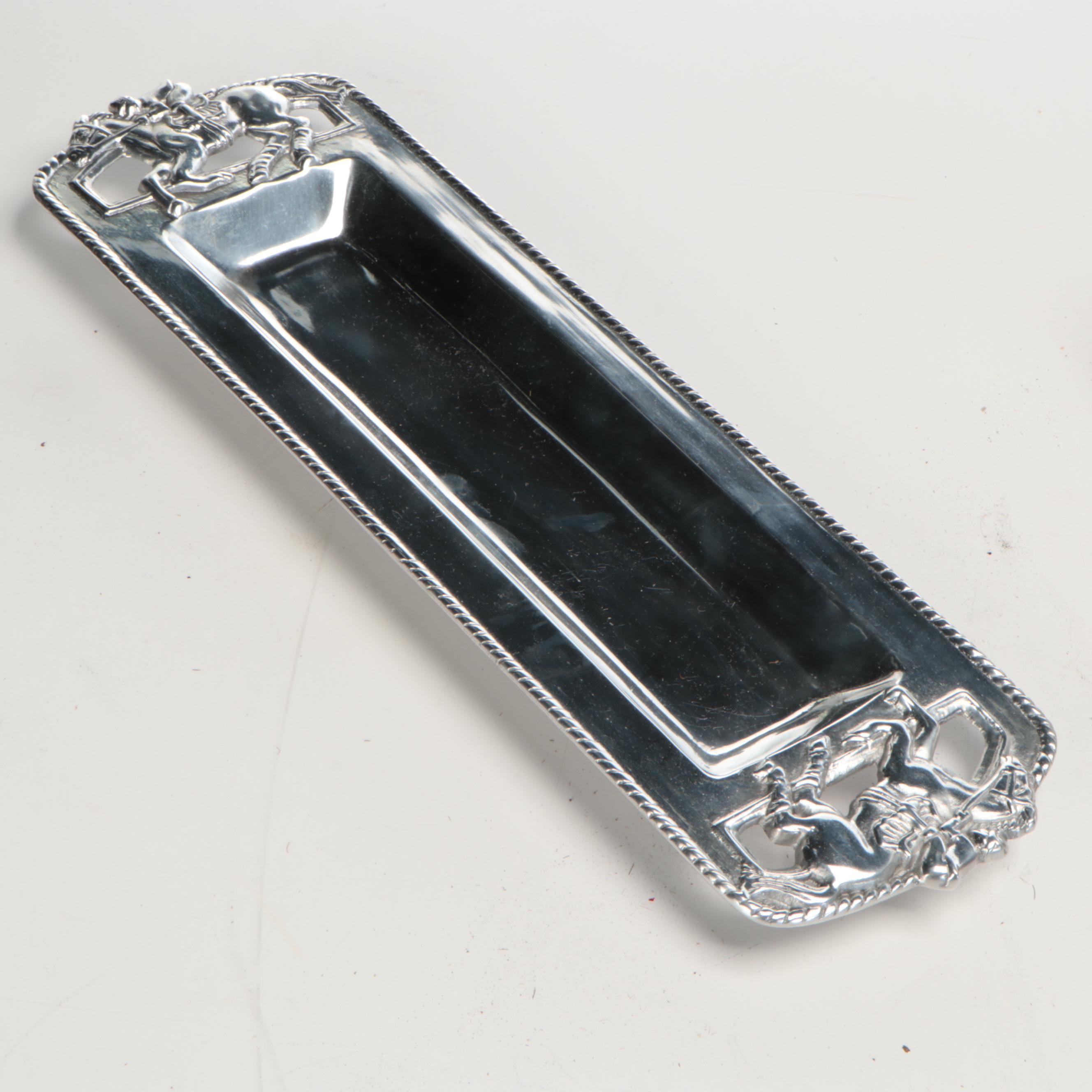 Wicker Tray with Nambé Metal Tray and Plates and Other Wood Cutting Boards