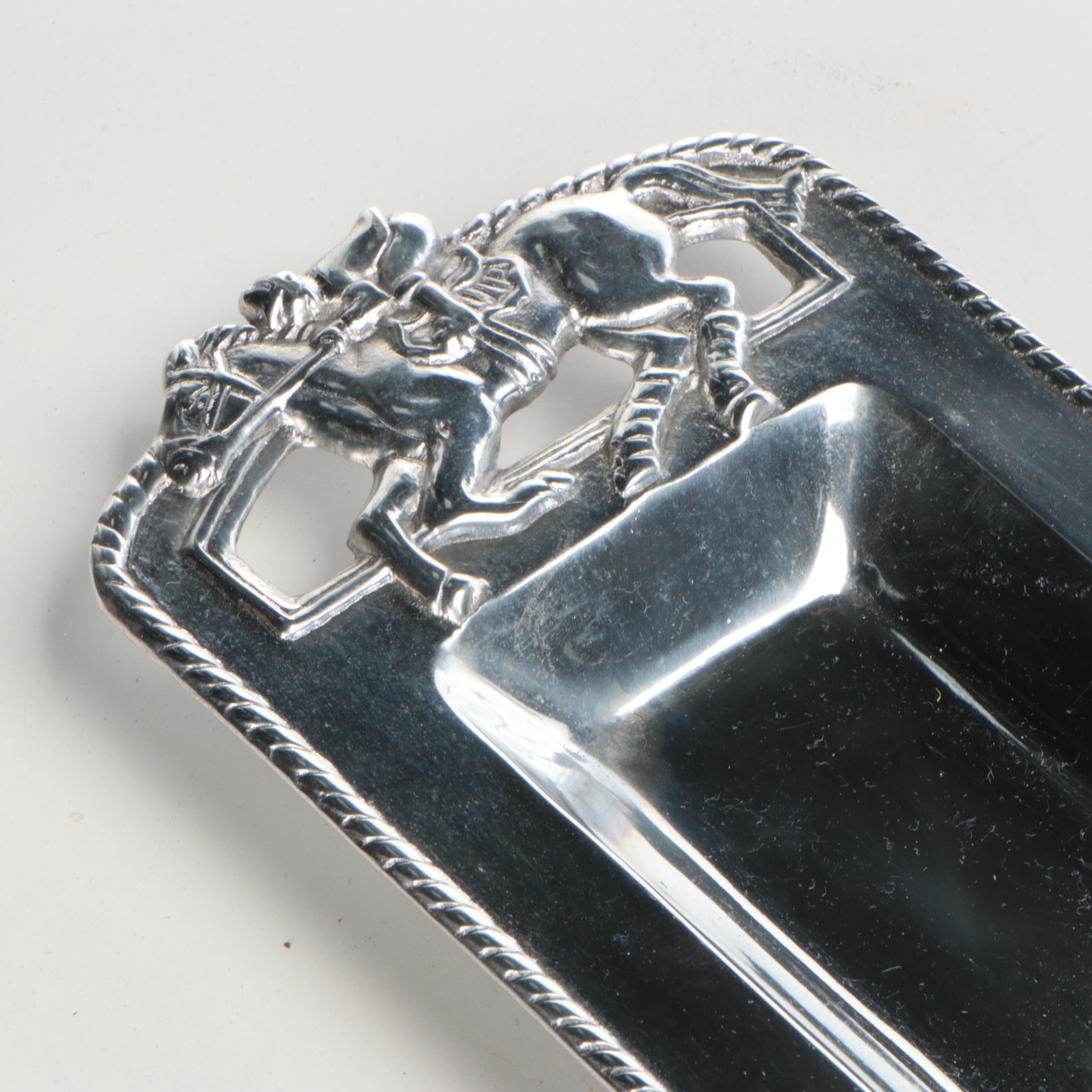 Wicker Tray with Nambé Metal Tray and Plates and Other Wood Cutting Boards