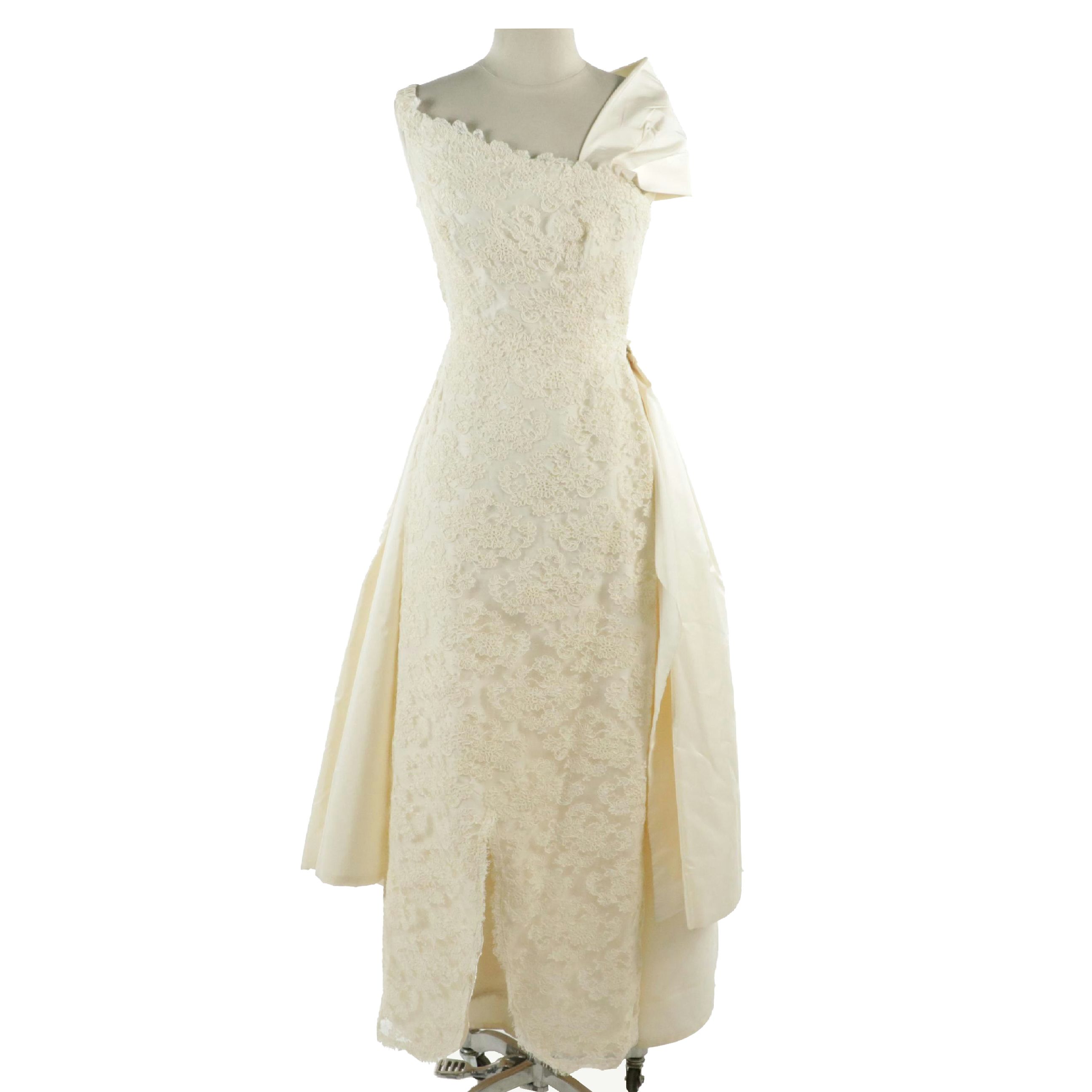 Ron Lo Vece Vintage Lace One-Shoulder Wedding Gown with Draped Train Detail