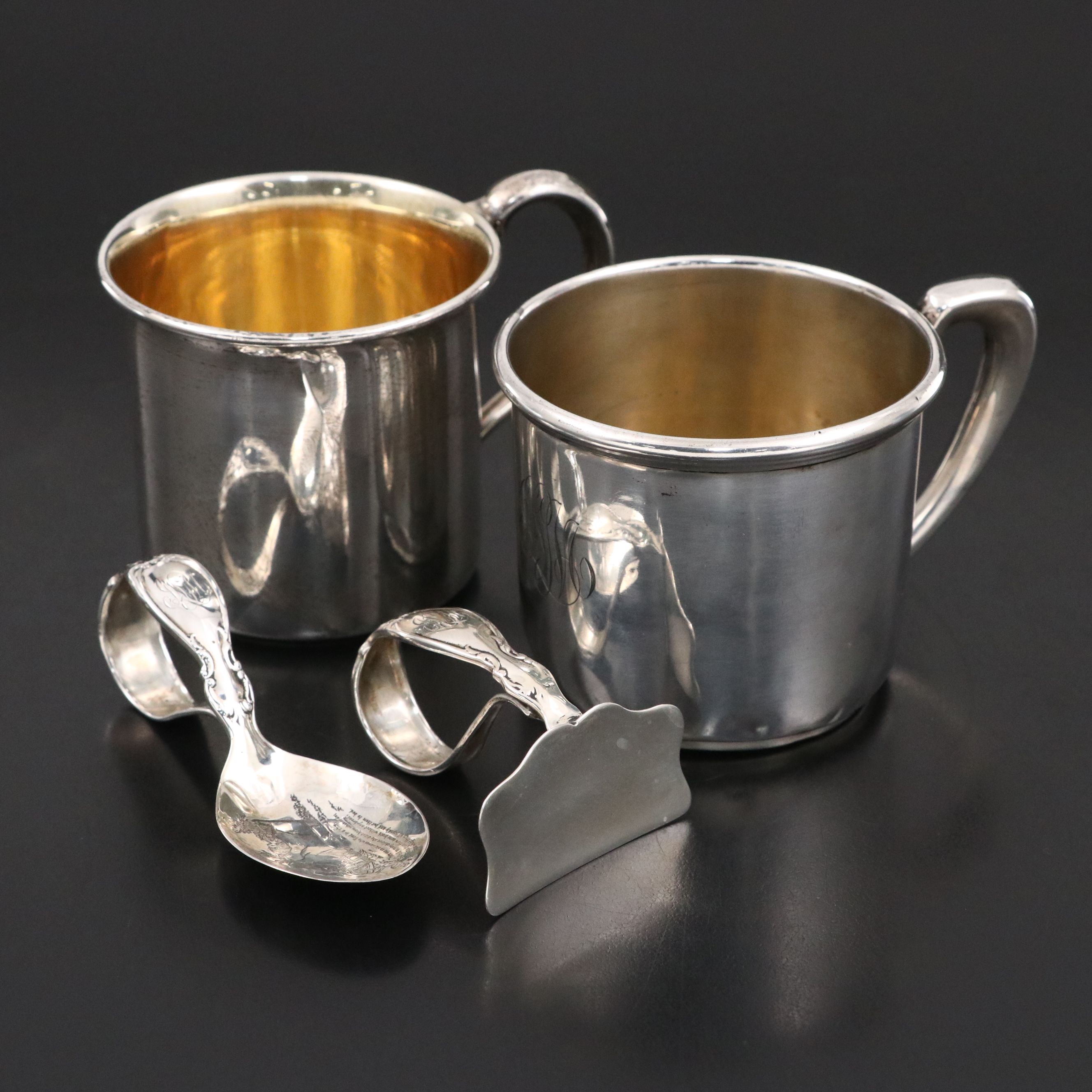 Reed & Barton Sterling Baby Food Spoon and Pusher with Monogrammed Cups