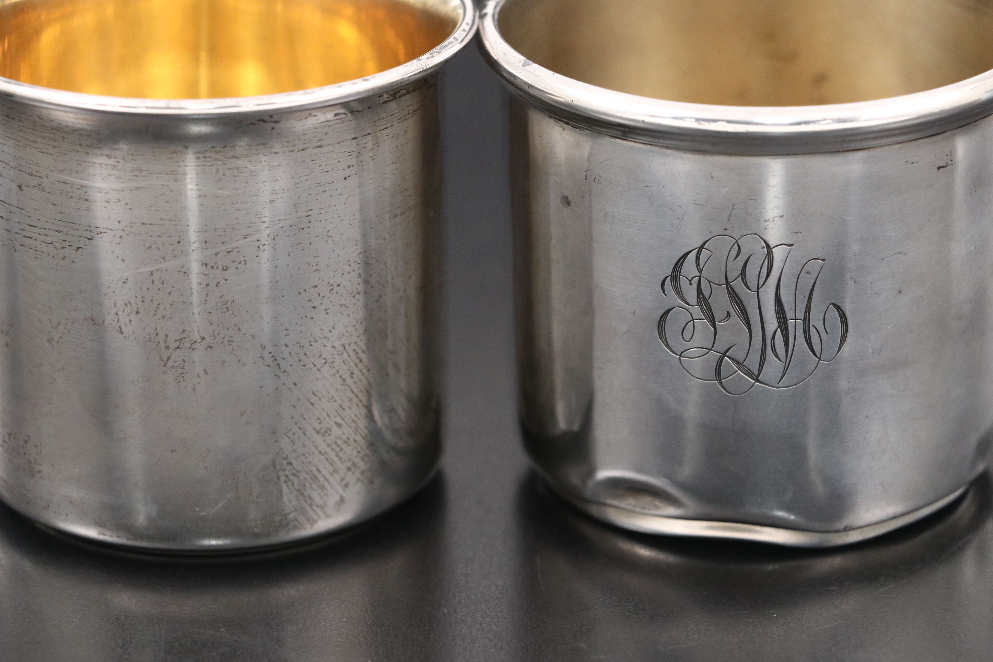 Reed & Barton Sterling Baby Food Spoon and Pusher with Monogrammed Cups