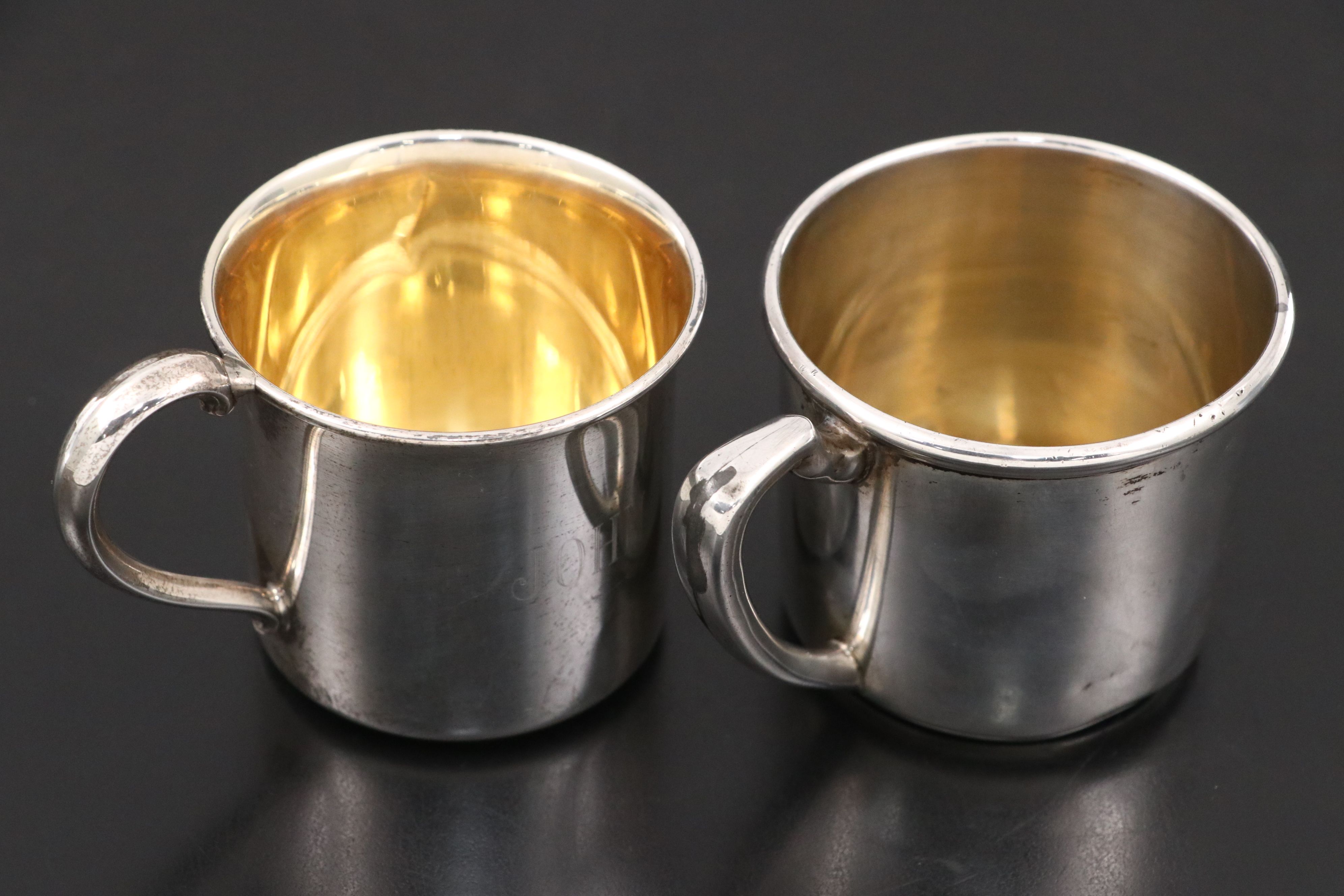 Reed & Barton Sterling Baby Food Spoon and Pusher with Monogrammed Cups