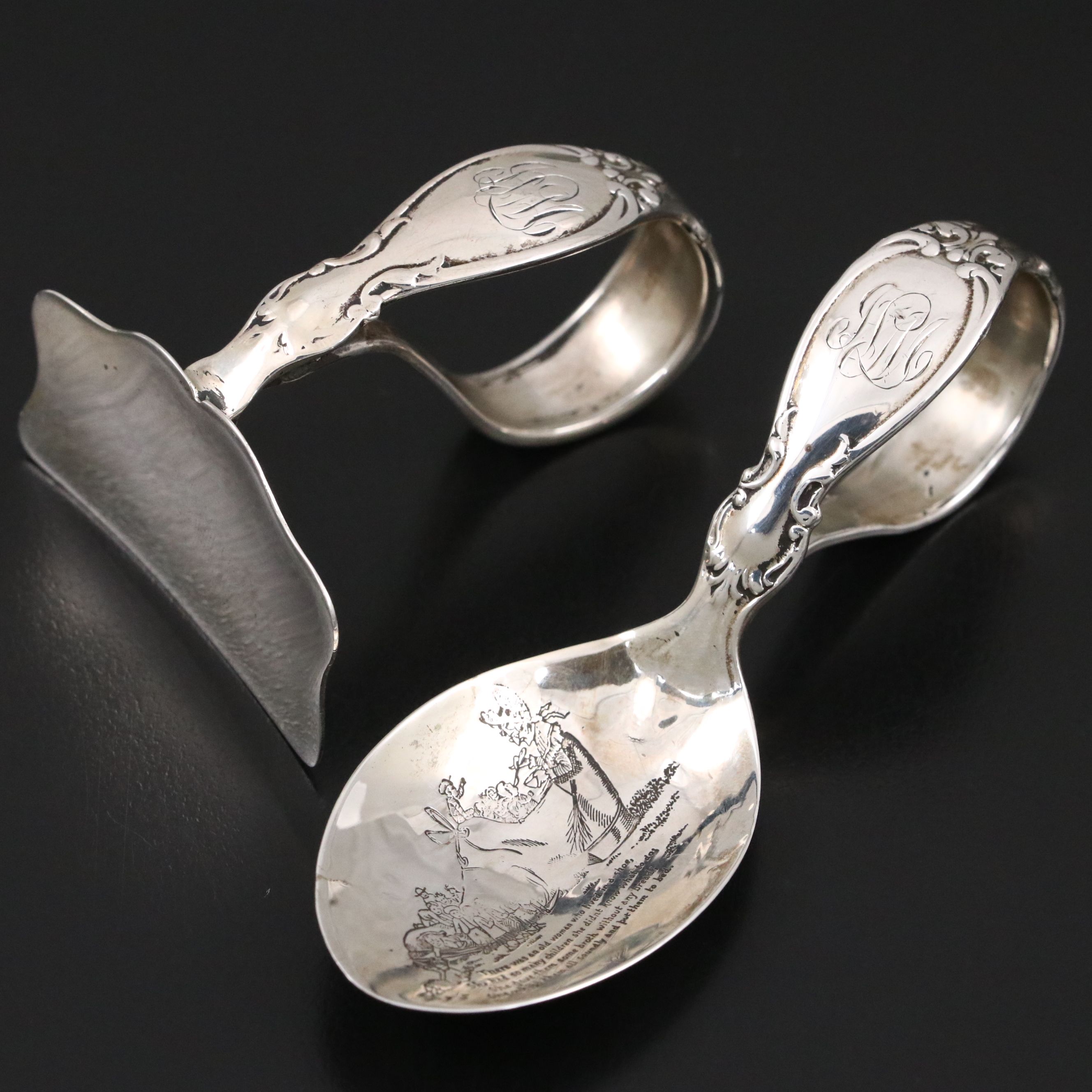 Reed & Barton Sterling Baby Food Spoon and Pusher with Monogrammed Cups