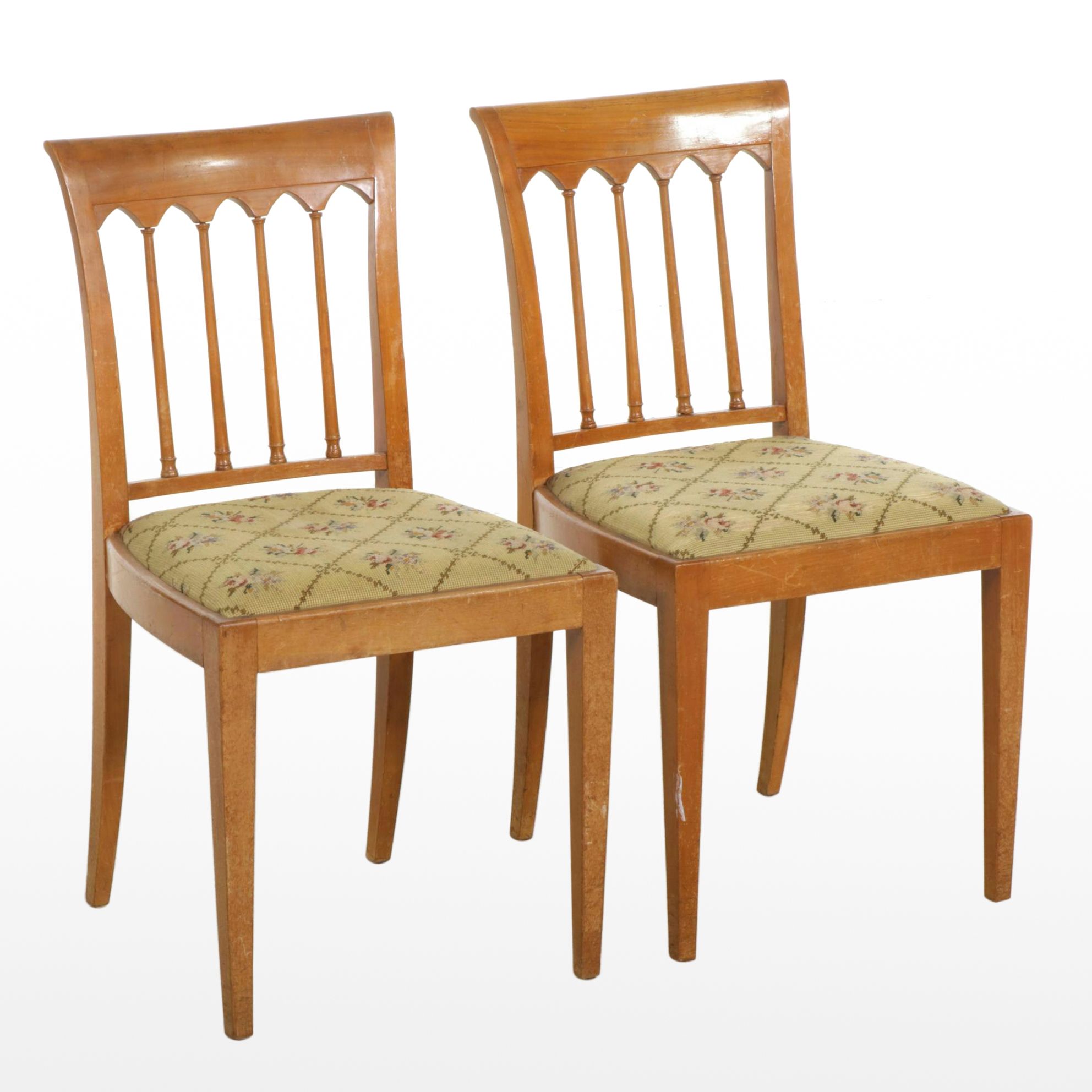 Pair of Spindle Back Side Chairs with Needlepoint Upholstery