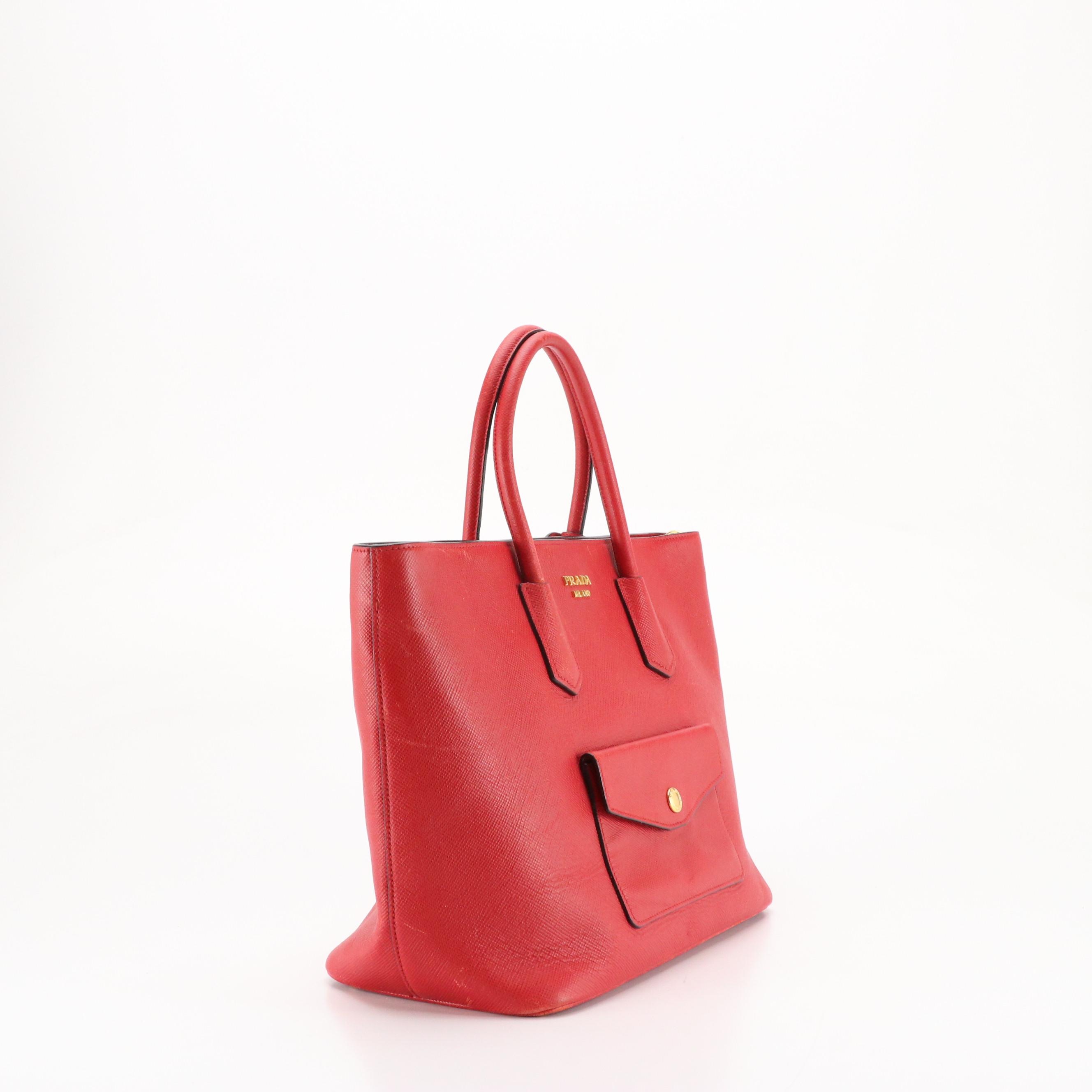 Prada Front Pocket Two-Way Tote in Red Grained Leather