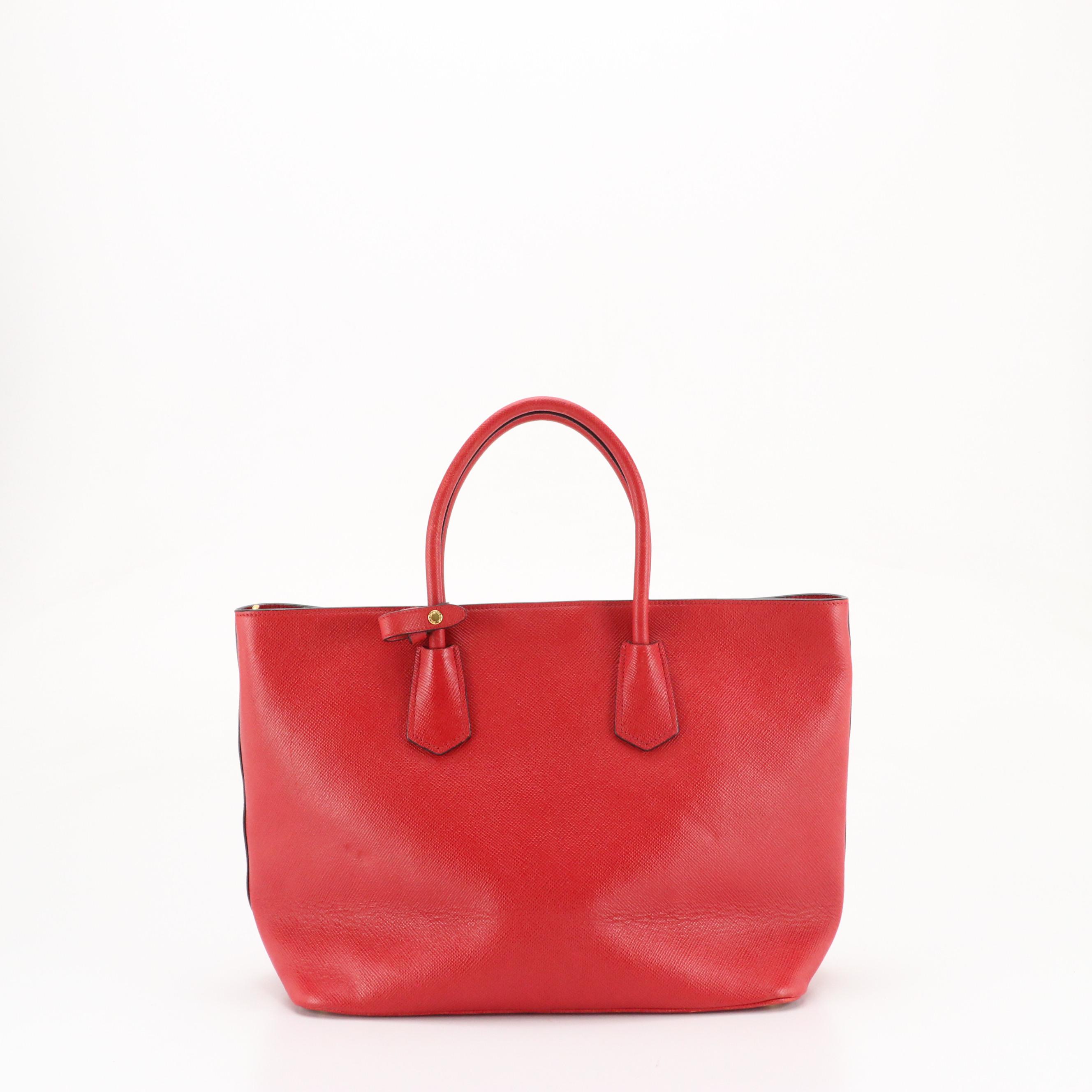 Prada Front Pocket Two-Way Tote in Red Grained Leather