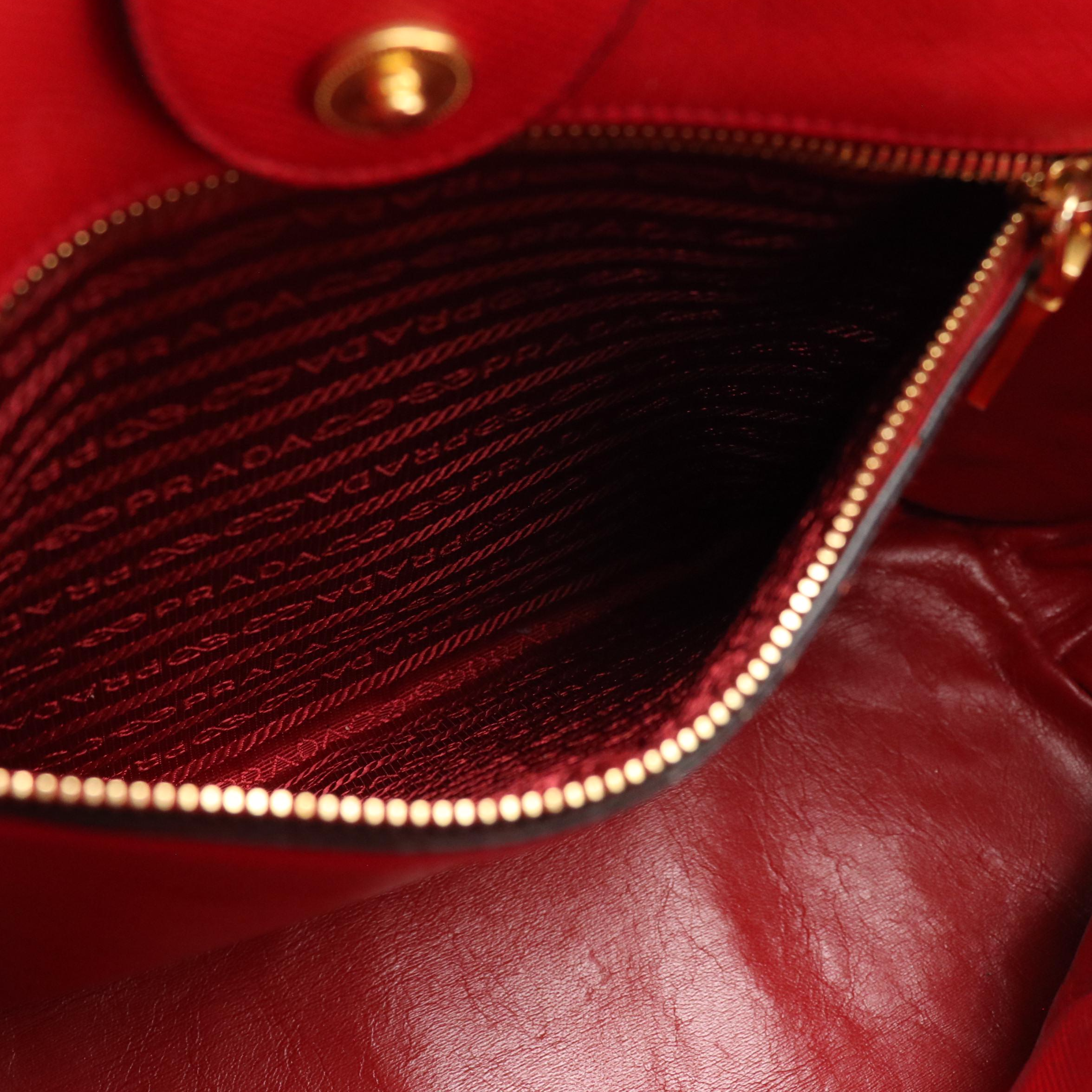 Prada Front Pocket Two-Way Tote in Red Grained Leather