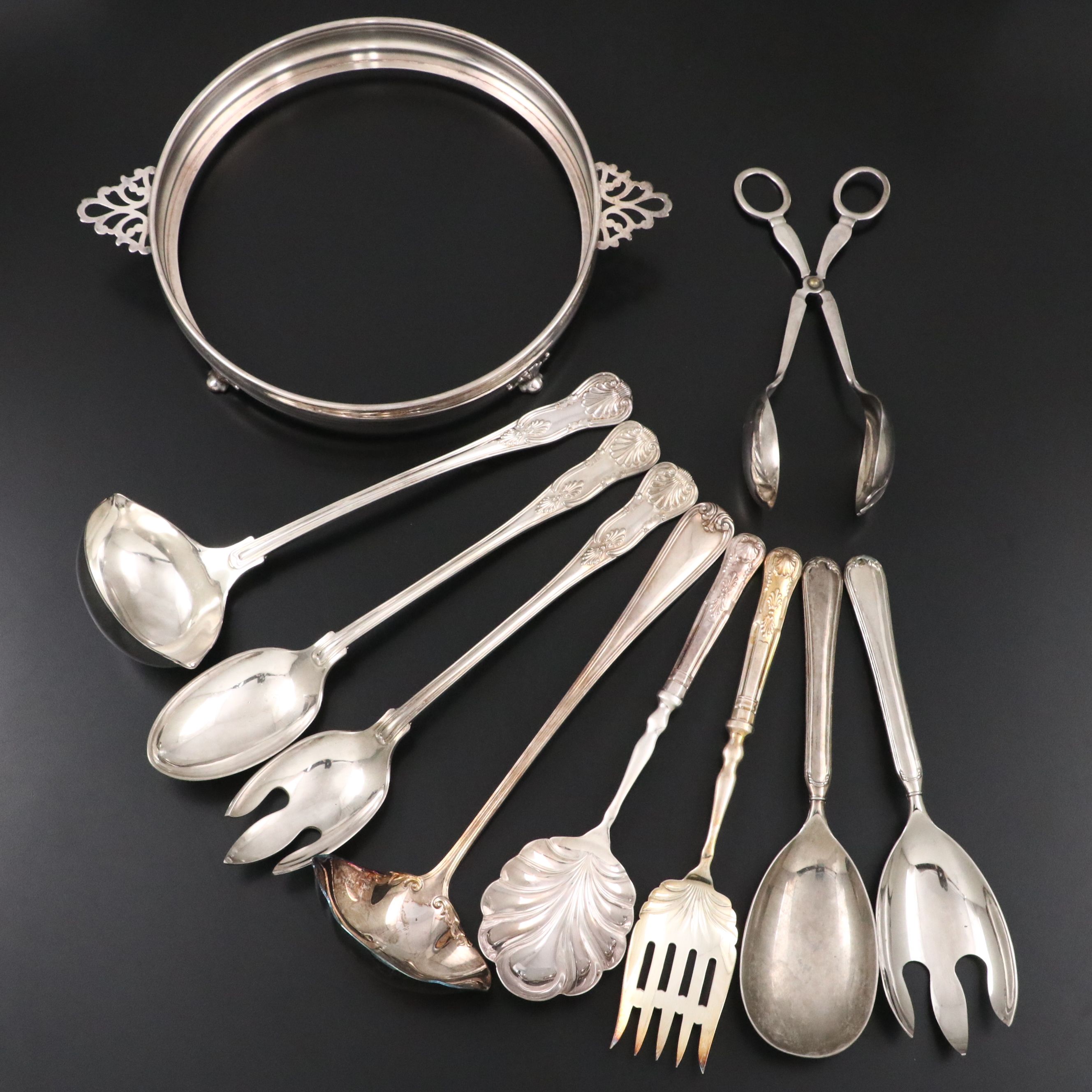 Crescent Silver Plate Casserole Dish Holder with Other Serving Utensils