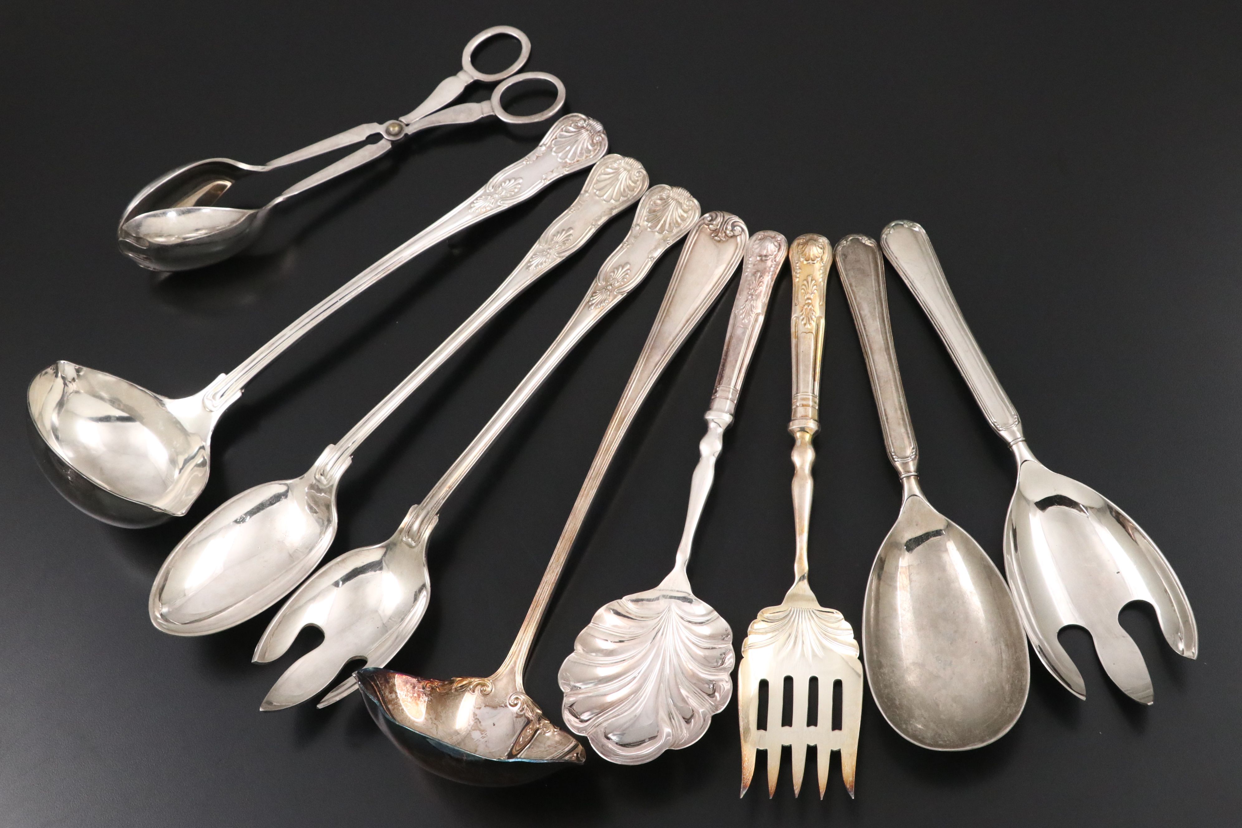 Crescent Silver Plate Casserole Dish Holder with Other Serving Utensils