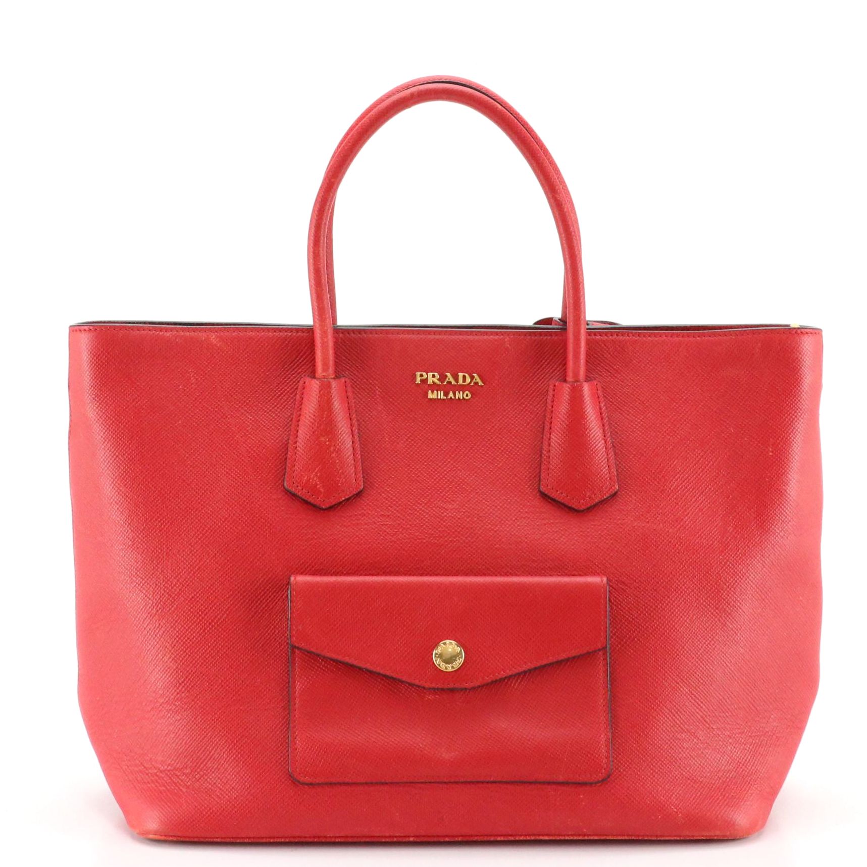 Prada Front Pocket Two-Way Tote in Red Grained Leather
