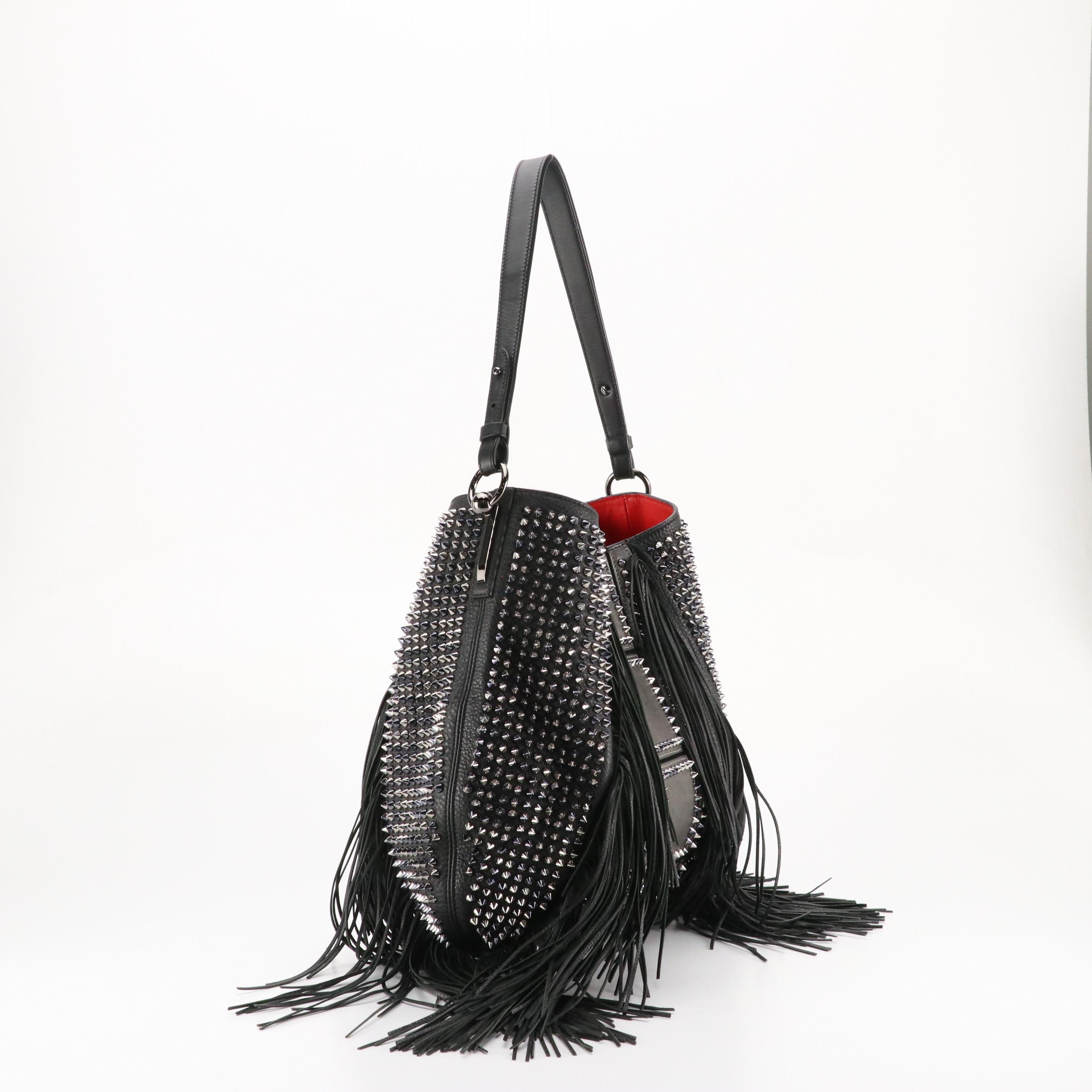 Christian Louboutin Lucky L Fringe Spiked Calfskin Leather Hobo Shoulder Bag