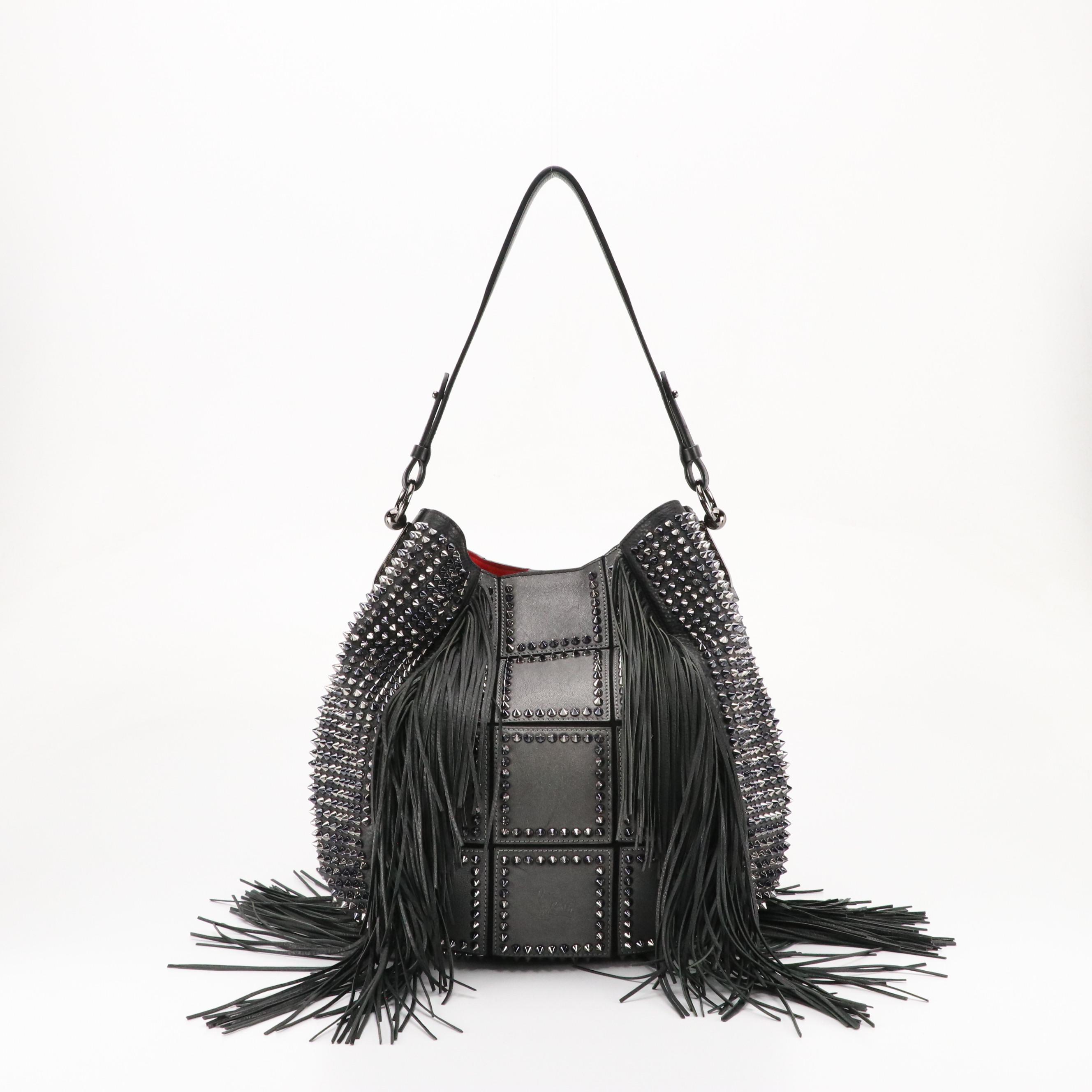 Christian Louboutin Lucky L Fringe Spiked Calfskin Leather Hobo Shoulder Bag