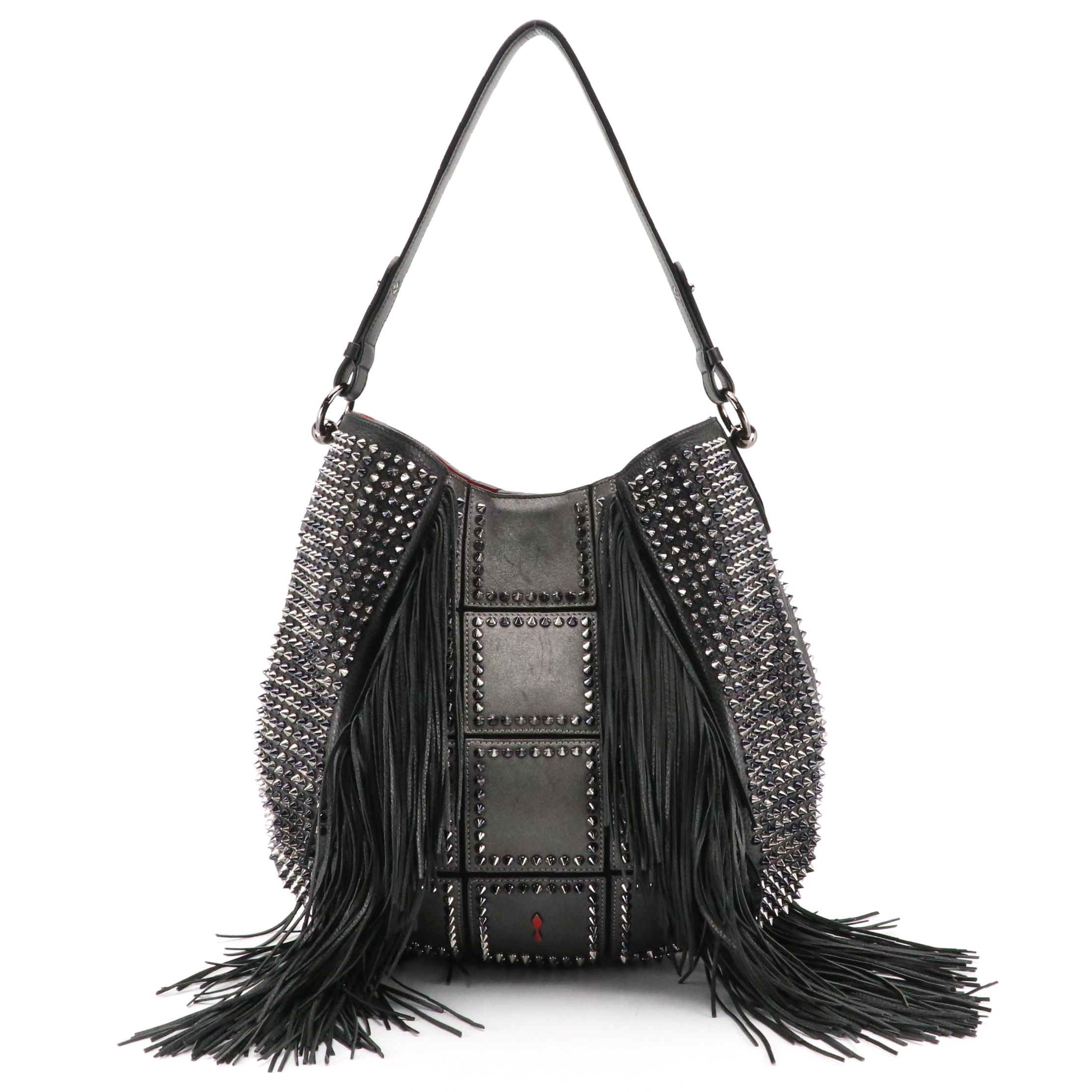 Christian Louboutin Lucky L Fringe Spiked Calfskin Leather Hobo Shoulder Bag
