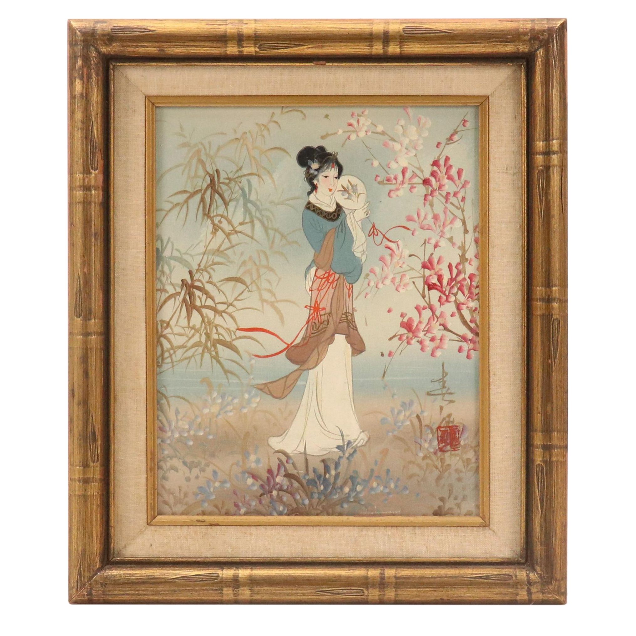 Chinese Style Oil Painting of Maiden Holding Fan, Late 20th Century