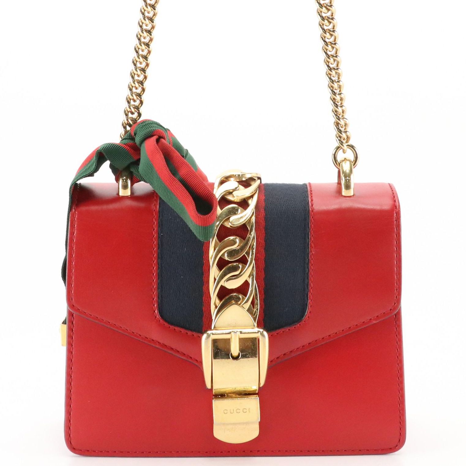 Gucci Mini Sylvie Two-Way Bag in Web Striped Red Calfskin Leather