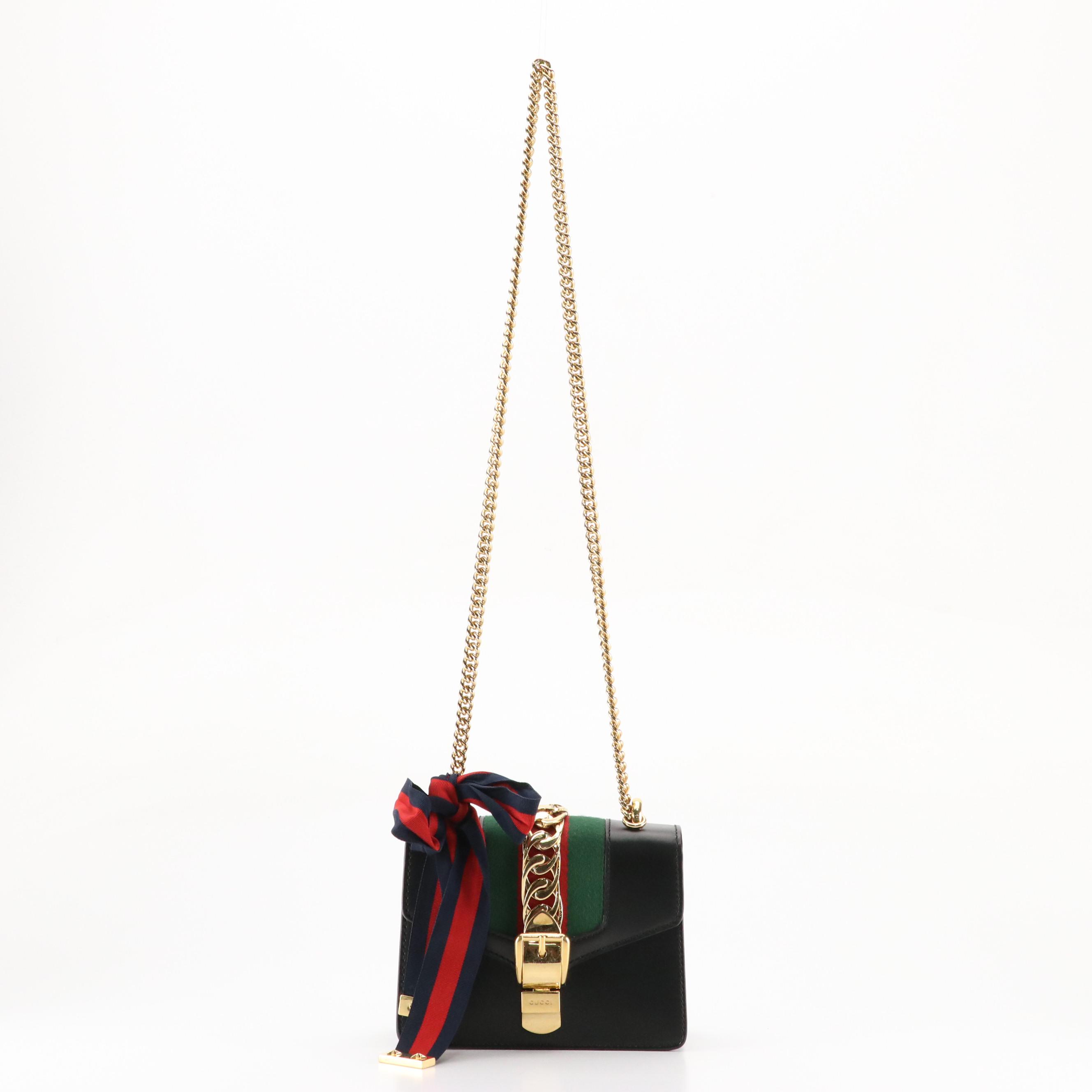 Gucci Mini Sylvie Two-Way Bag in Web Striped Black Calfskin Leather